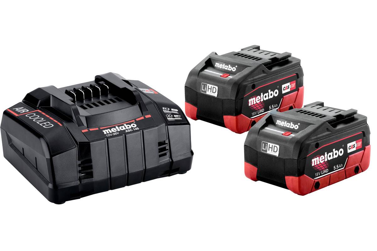 Drei Metabo LiHD Akkus für kabellose Elektrowerkzeuge auf weißem Hintergrund, bestehend aus einem größeren 36V 5,5Ah-Akku und zwei kleineren 18V-Akkus.