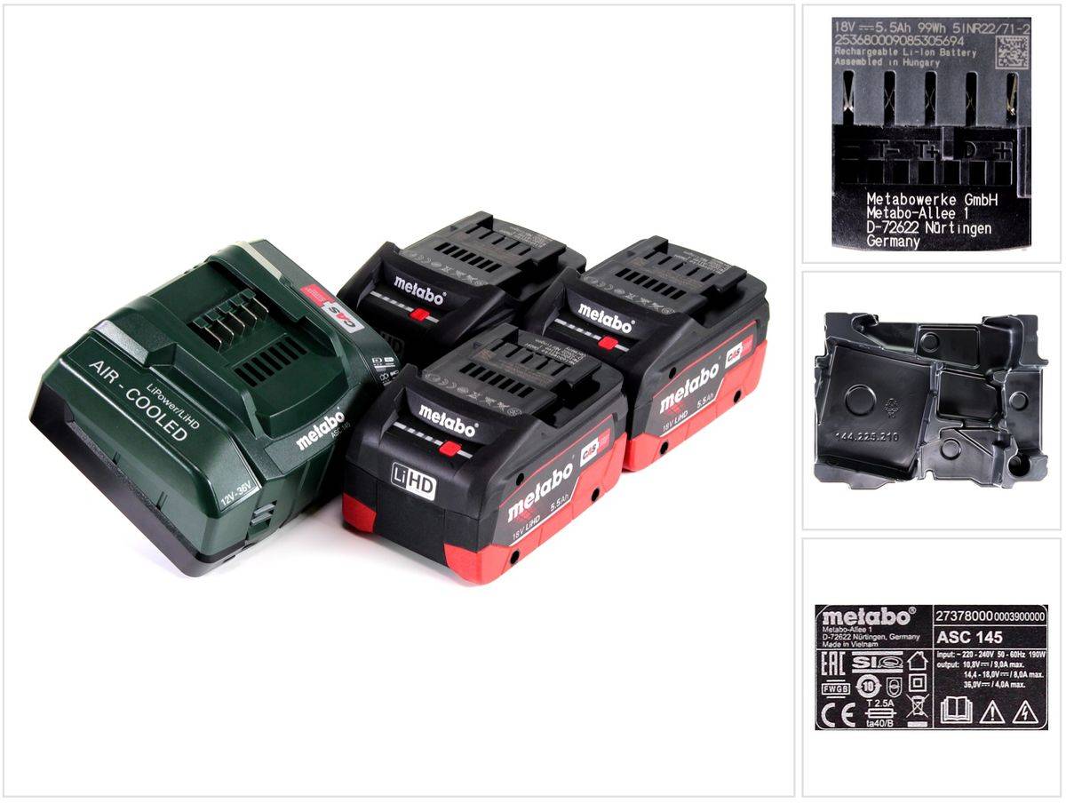 Metabo Akku Basis Set 18V mit 3x Akku LiHD 5,5Ah + Ladegerät ASC 145 + Einlage ( 685074000 )