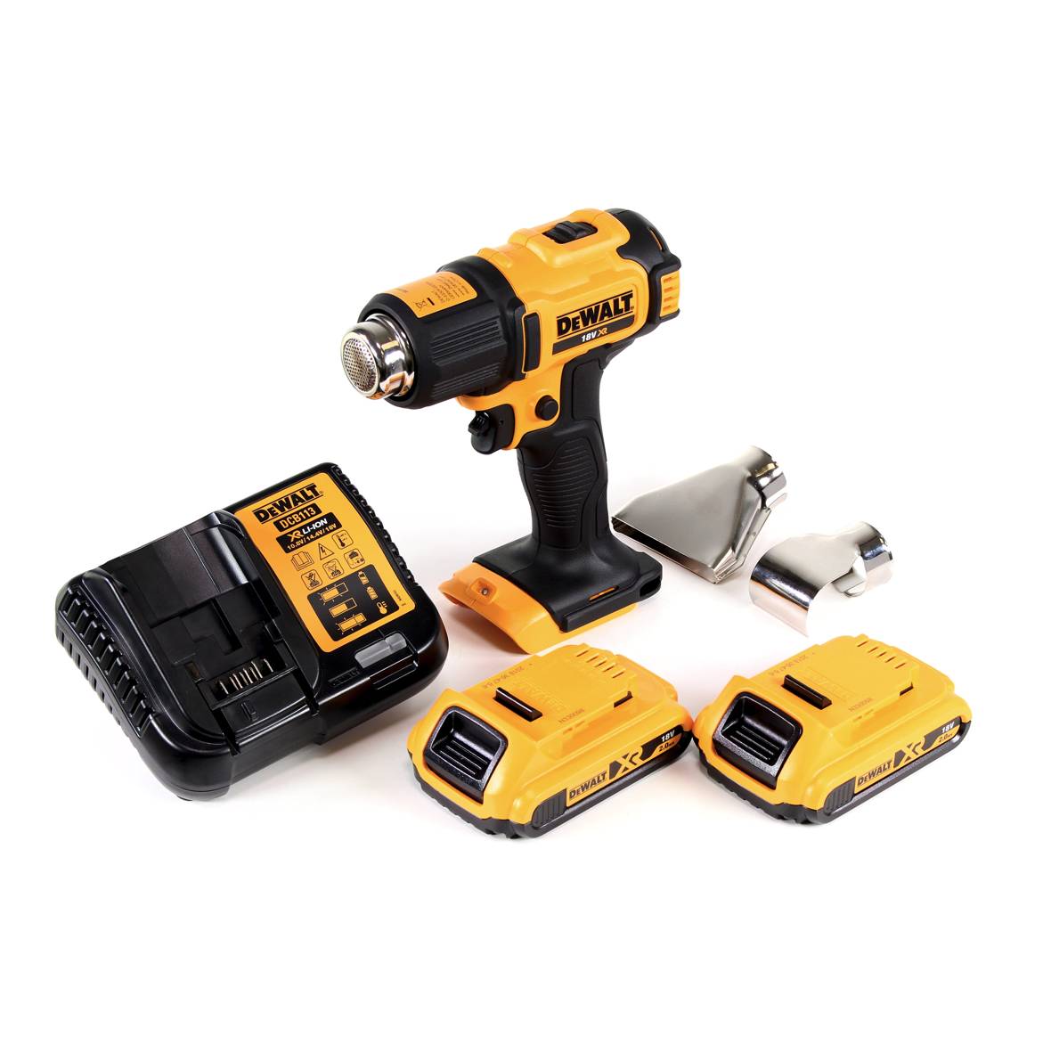 DeWalt DCE 530 D2 Akku Heißluftpistole 18V 530°C + 2x Akku 2,0Ah + 1x Lader+ Flächen- und Reflektordüse