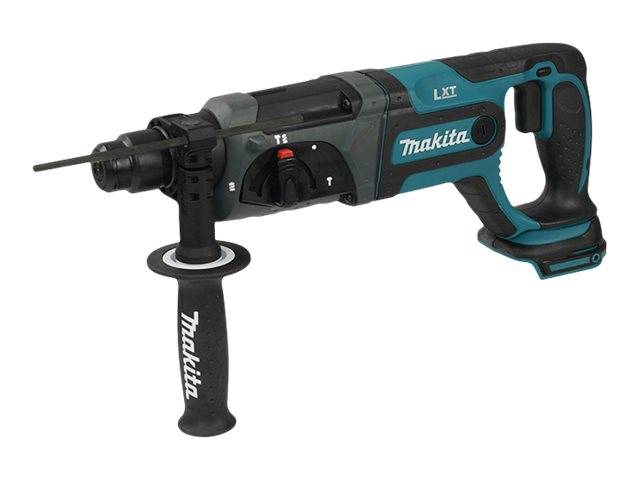 Makita-Akku-Bohrhammer mit Seitengriff und Meißelbit auf weißem Hintergrund.