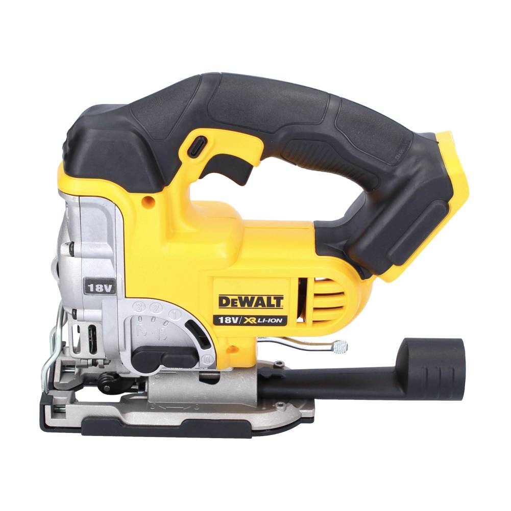 Gelb-schwarze DEWALT 18V Akku-Stichsäge, shown in Seitenansicht auf weißem Hintergrund.