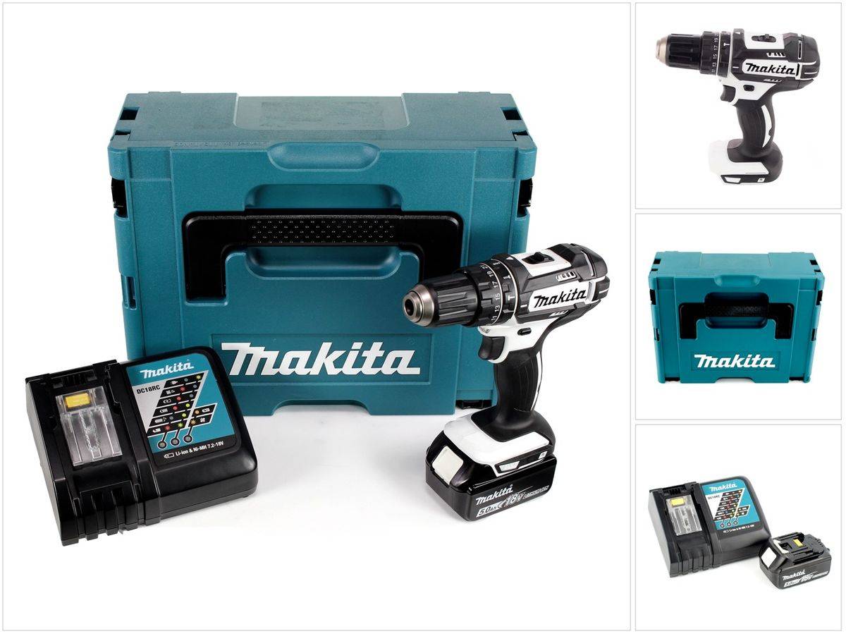 Makita DHP 482 RT1J W Akku Schlagbohrschrauber 18V 62Nm + 1x Akku 5,0Ah + Ladegerät im Makpac 2