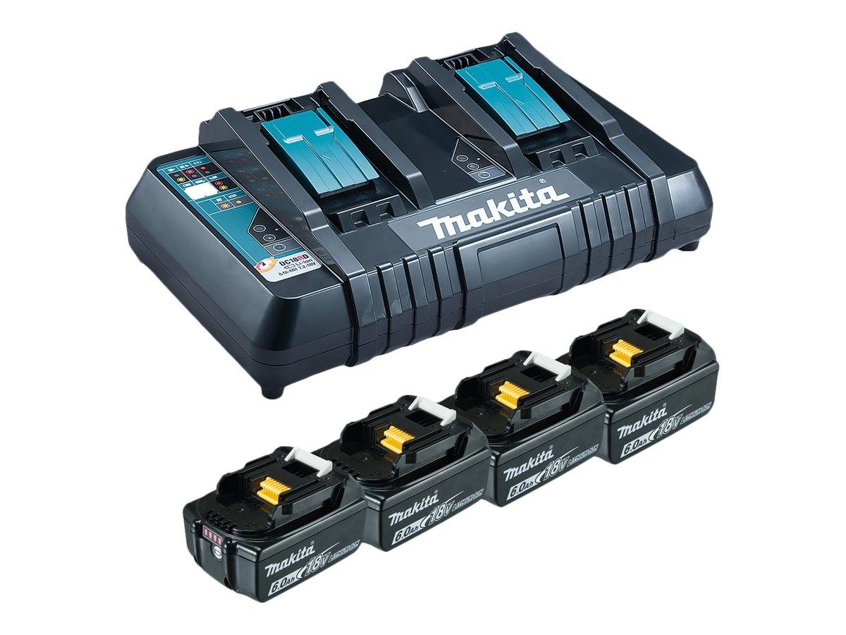 Makita Dual-Batterieladegerät mit vier Lithium-Ionen-Batterien, frontal dargestellt, isoliert auf weißem Hintergrund.