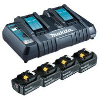 Makita Doppelladegerät mit vier wiederaufladbaren Batteriepacks, die darunter gezeigt werden.