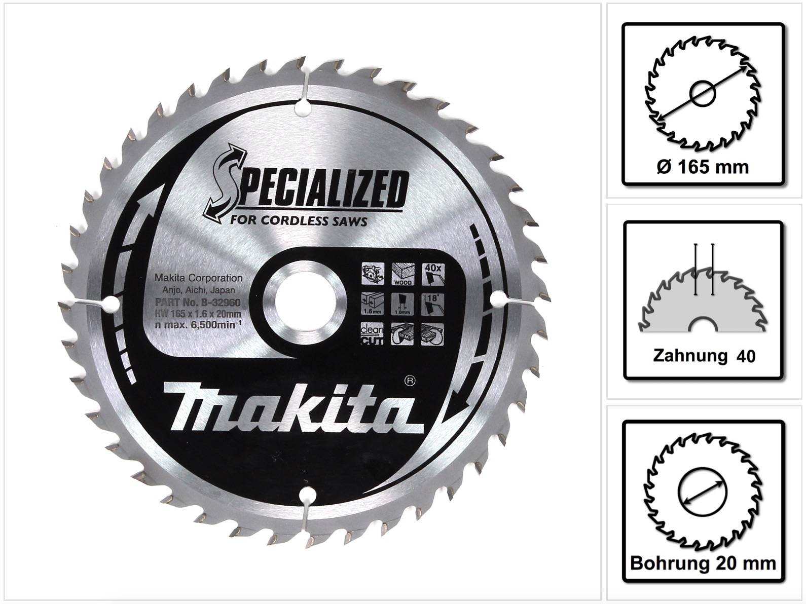 Makita SPECIALIZED Kreissägeblatt für Holz 165 x 20 x 1,6 mm 40 Zähne ( B-32960 )