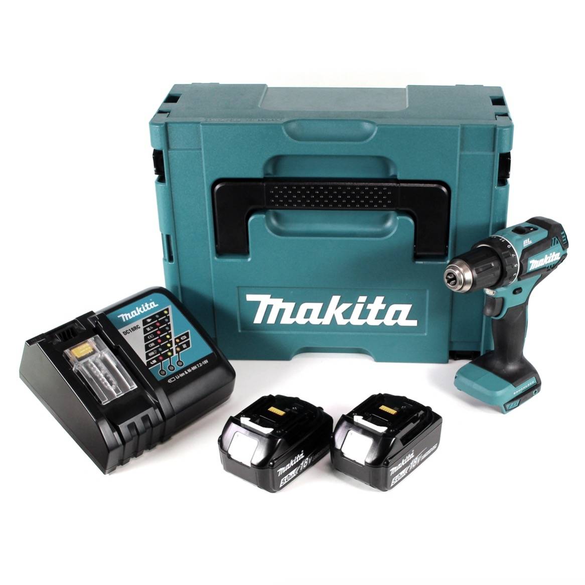 Makita DDF 485 RTJ Akku Bohrschrauber 18V 50Nm im Makpac + 2x 5,0 Ah Akku + Ladegerät
