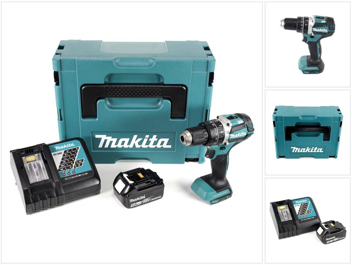 Makita DHP 484 RT1J 18V Brushless Li-Ion Akku Schlagbohrschrauber im Makpac inkl. 1x BL 1850 B 5,0 Ah Akku und DC18RC Ladegerät