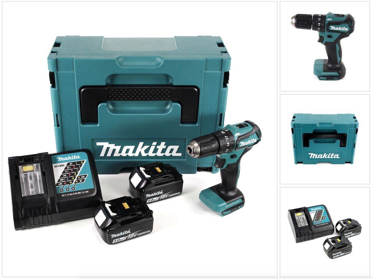 Makita DHP 483 RTJ Akku Schlagbohrschrauber 18V 40Nm im Makpac + 2x 5,0 Ah Akku + Ladegerät