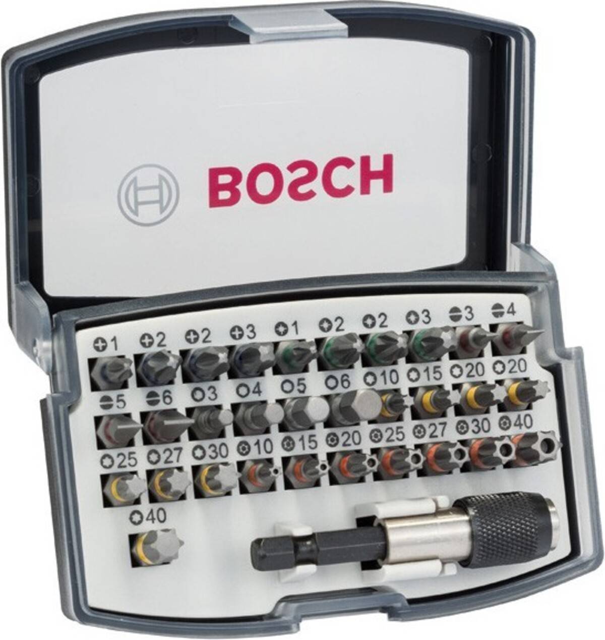 Bosch Schraubendreher-Bitsatz in einem Kunststoffkoffer mit verschiedenen beschrifteten Bits und einem Bithalter in Reihen angeordnet.