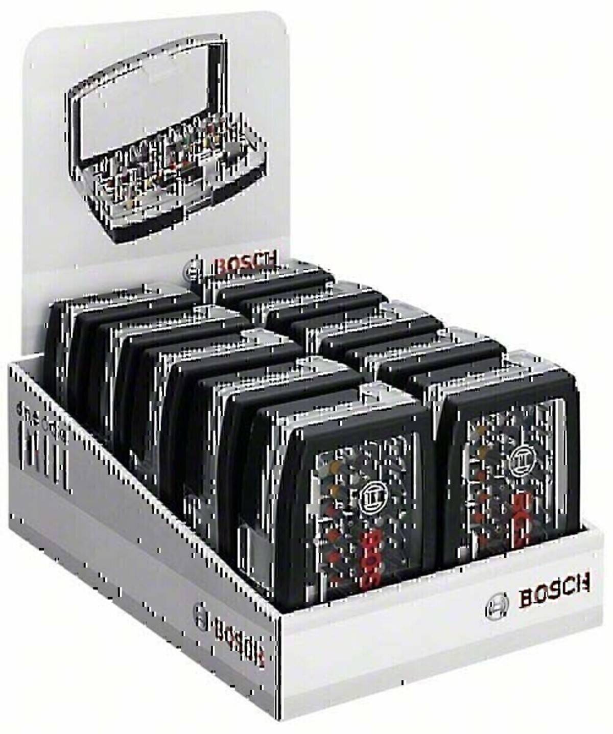Bosch-Anzeigekasten mit mehreren schwarzen Automobil-Elektronikmodulen, die in Reihen angeordnet sind, mit einer Produktillustration auf der hinteren Karte.