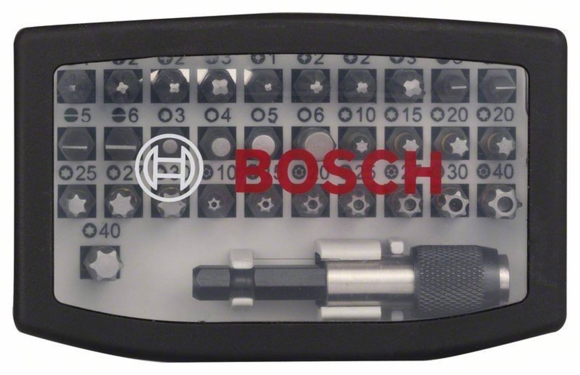 Bosch Werkzeugsatz mit verschiedenen Schraubendreher-Bits, in Reihen nach Typ und Größe sortiert, in einer transparenten Verpackung mit Bosch-Branding auf dem Deckel.