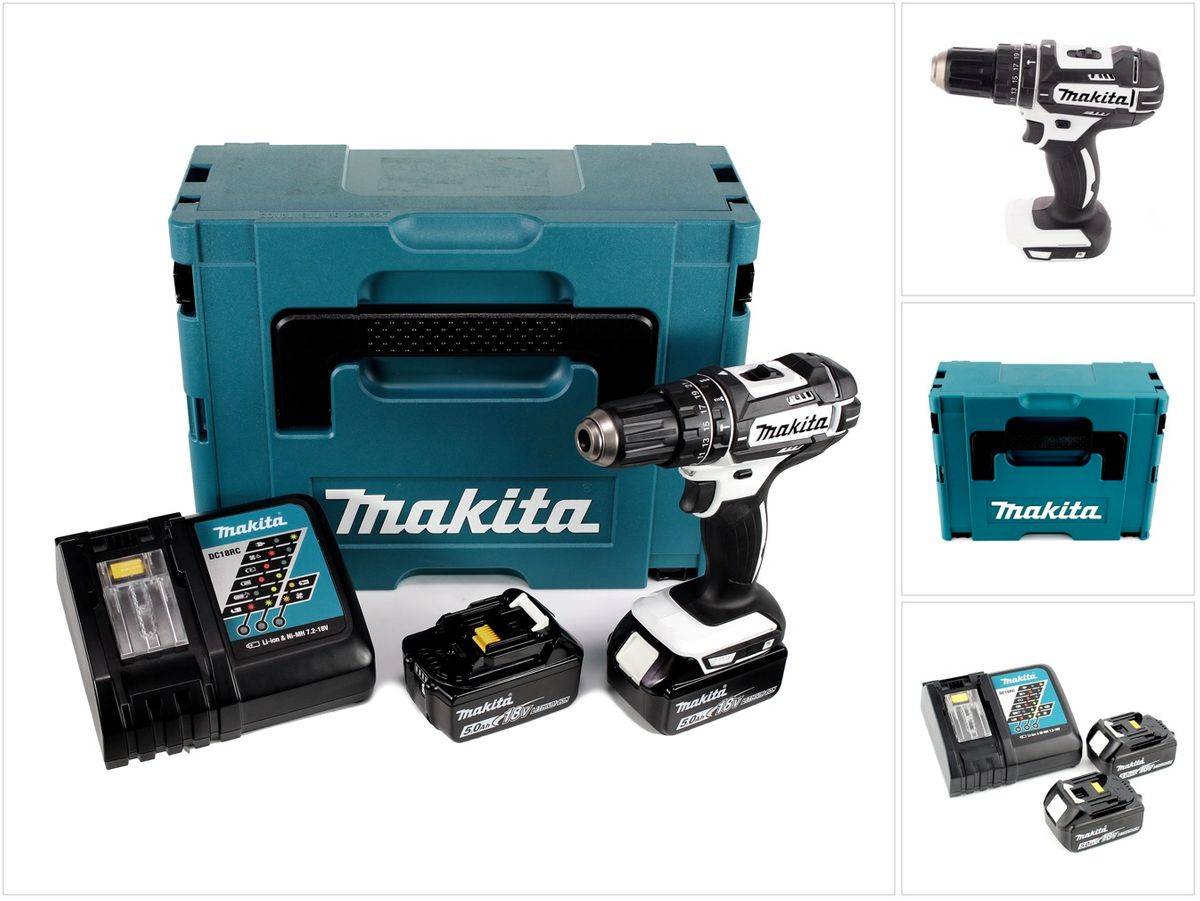 Makita DHP 482 RTJ W Akku Schlagbohrschrauber 18V 62Nm + 2x Akkus 5,0Ah + Ladegerät im Makpac 2