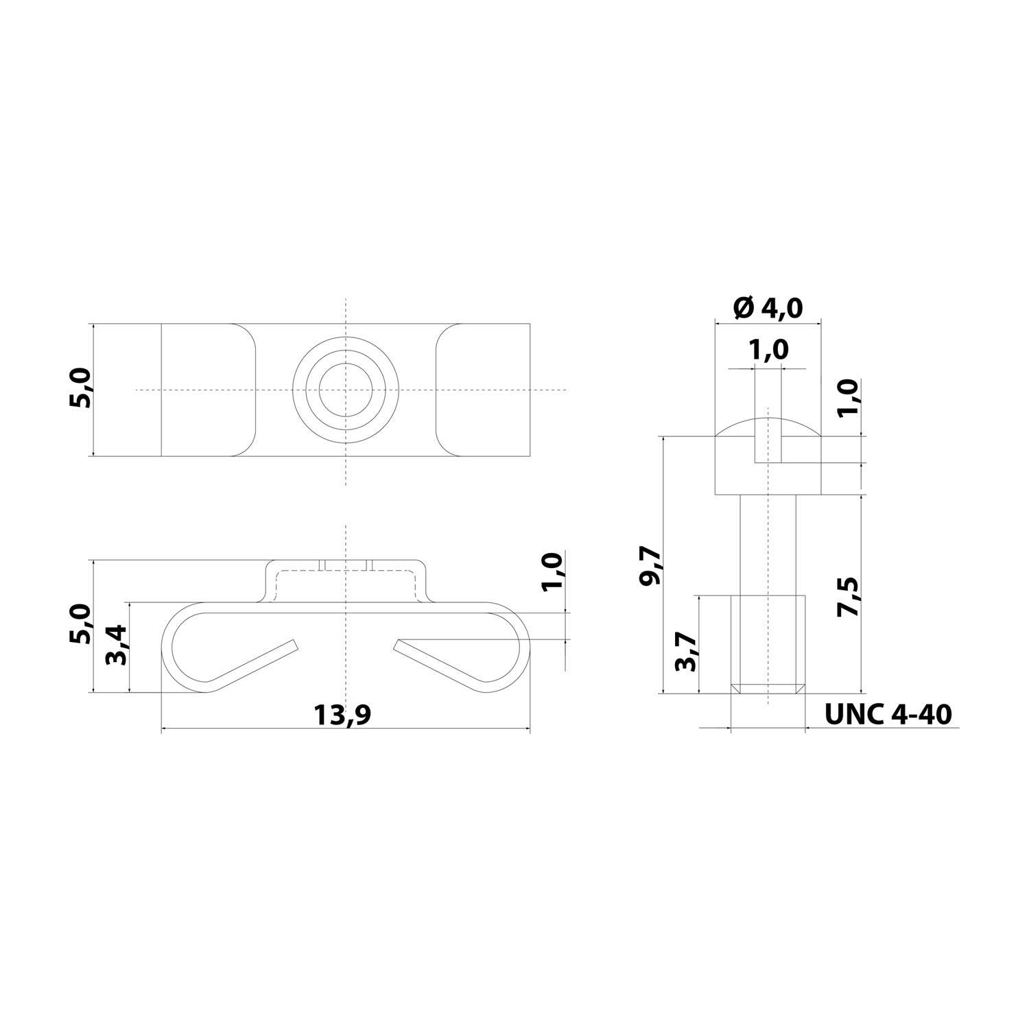 Technische Zeichnung eines mechanischen Bauteils mit Abmessungen und Spezifikationen. Enthält eine Ansicht von oben und von der Seite mit Maßangaben in Millimetern.