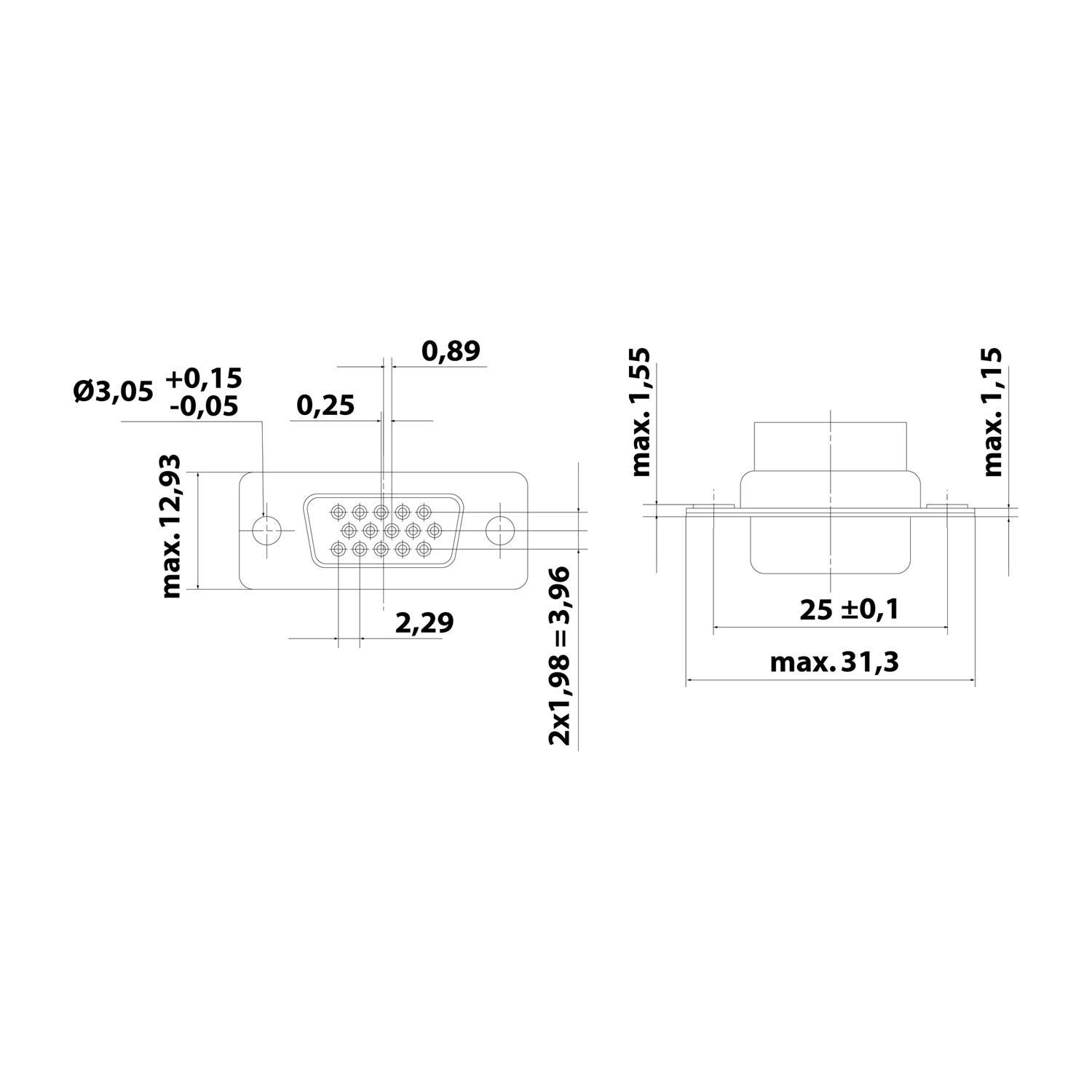 Technische Zeichnung eines D-Sub-Steckverbinders, mit beschrifteten Abmessungen und Toleranzen. Front- und Seitenansicht sind zur präzisen Passung dargestellt.