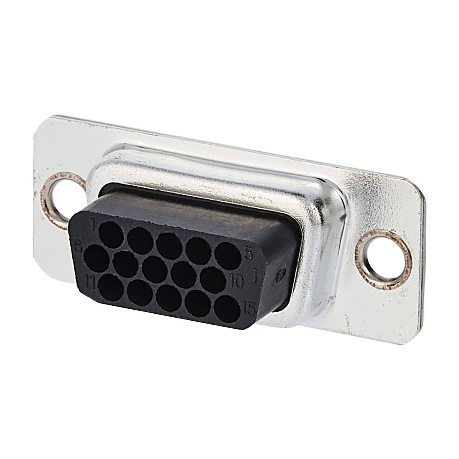 Ein rechteckiger 15-poliger weiblicher elektrischer Steckverbinder mit zwei Befestigungslöchern ist dargestellt, der häufig für serielle oder Videoverbindungen verwendet wird.
