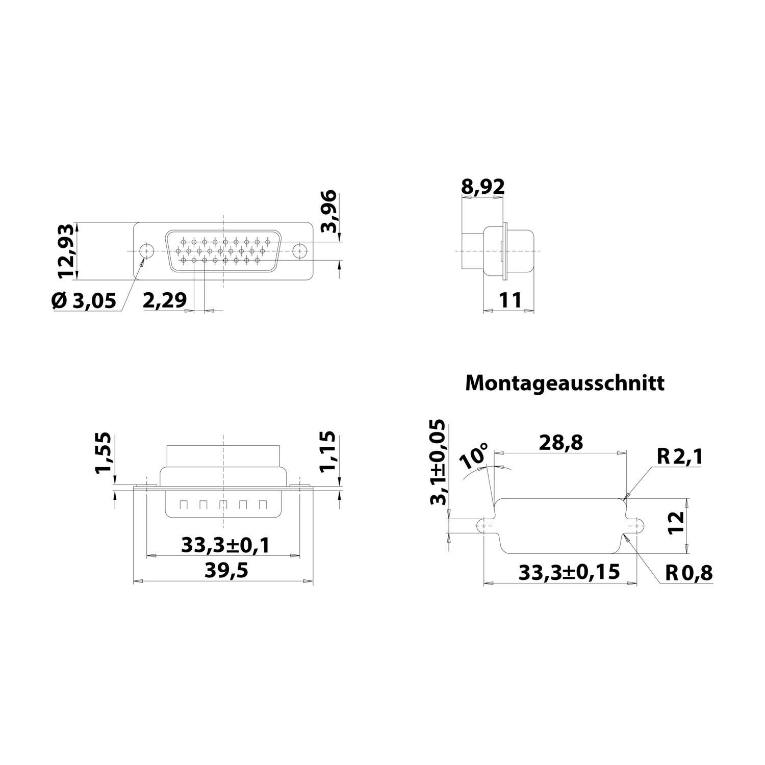 Diagramm eines 15-poligen Anschlusses mit detaillierten Maßangaben, einschließlich Abmessungen für Breite, Höhe und Befestigungsbereich in Millimetern.