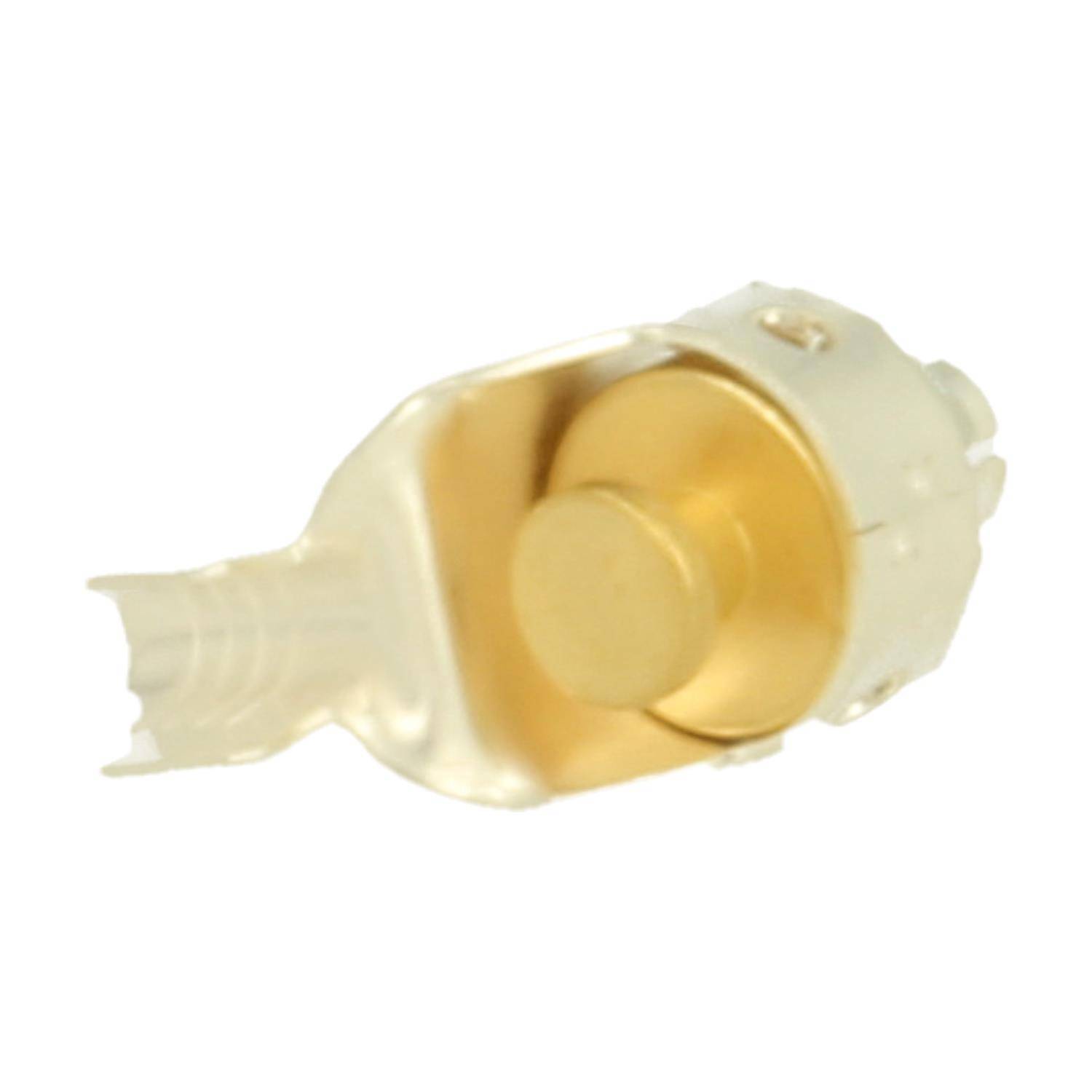 Eine Nahaufnahme eines einzelnen beigen und goldenen Plastik-Druckschalters, der in elektronischen Geräten verwendet wird, auf einem weißen Hintergrund.