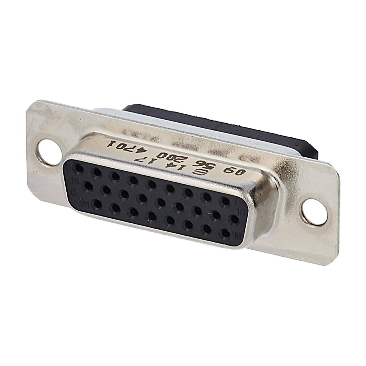 Ein 15-poliger weiblicher D-Sub-Steckverbinder, üblicherweise für VGA-Verbindungen verwendet, mit einem rechteckigen Metallgehäuse und zwei Befestigungslöchern.