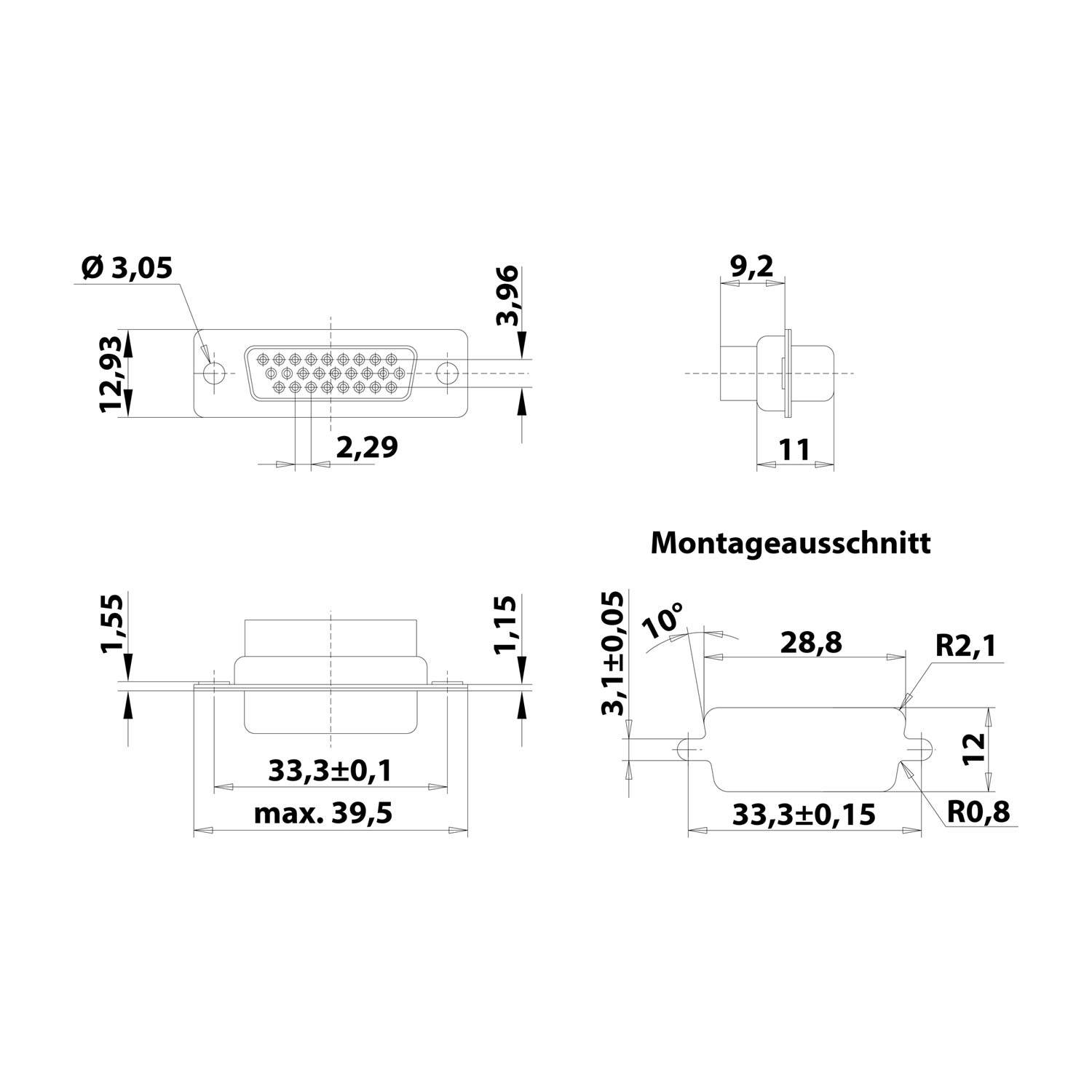 Technische Zeichnung eines Verbinders mit Abmessungen in Millimetern, die Vorder- und Seitenansichten mit beschrifteten Maßen für präzise Spezifikationen zeigt.