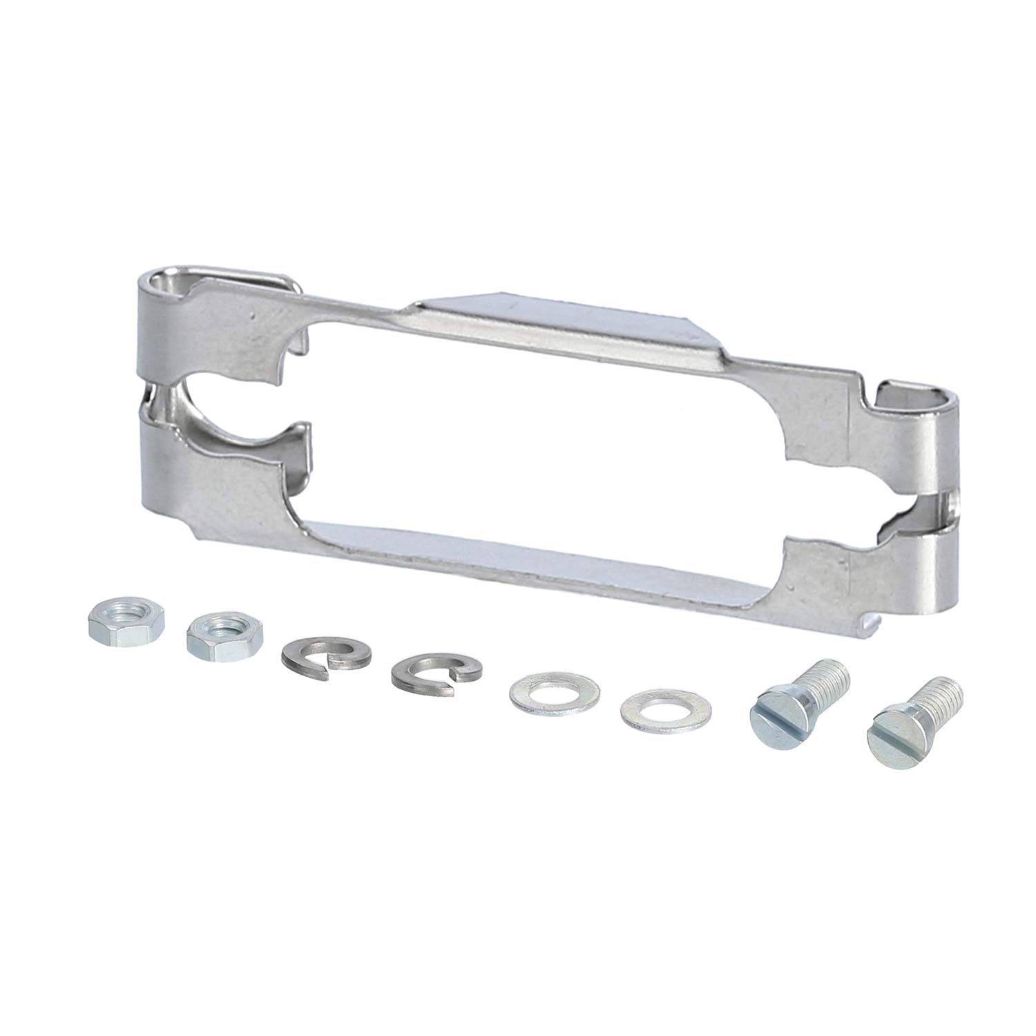 Ein Metall-Werkzeugsatz umfasst eine lange Halterung, Schrauben, Unterlegscheiben und Muttern, die in einem einfachen, organisierten Layout angeordnet sind.