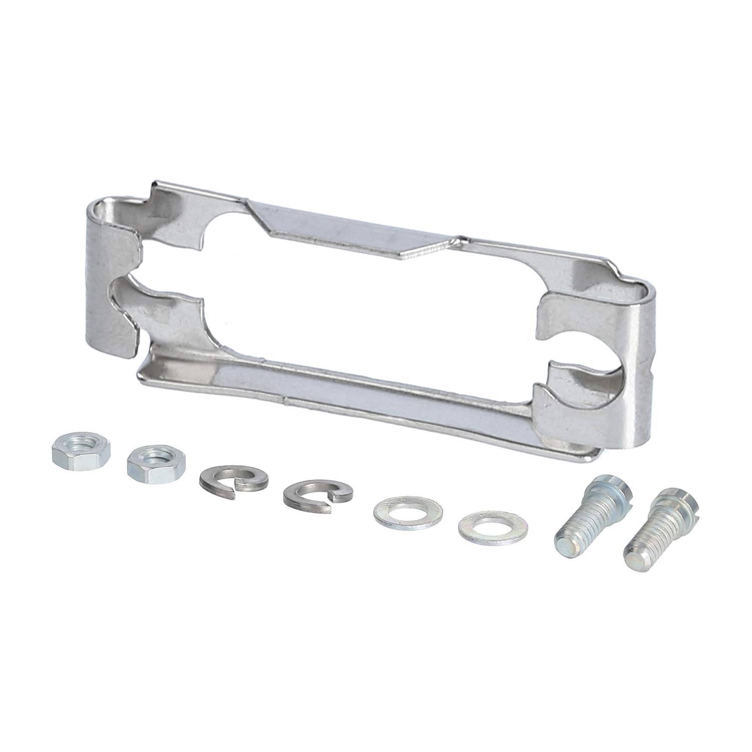 Metall-Montageklammersatz mit Schrauben, Unterlegscheiben, Muttern und Clips, angeordnet auf weißem Hintergrund.