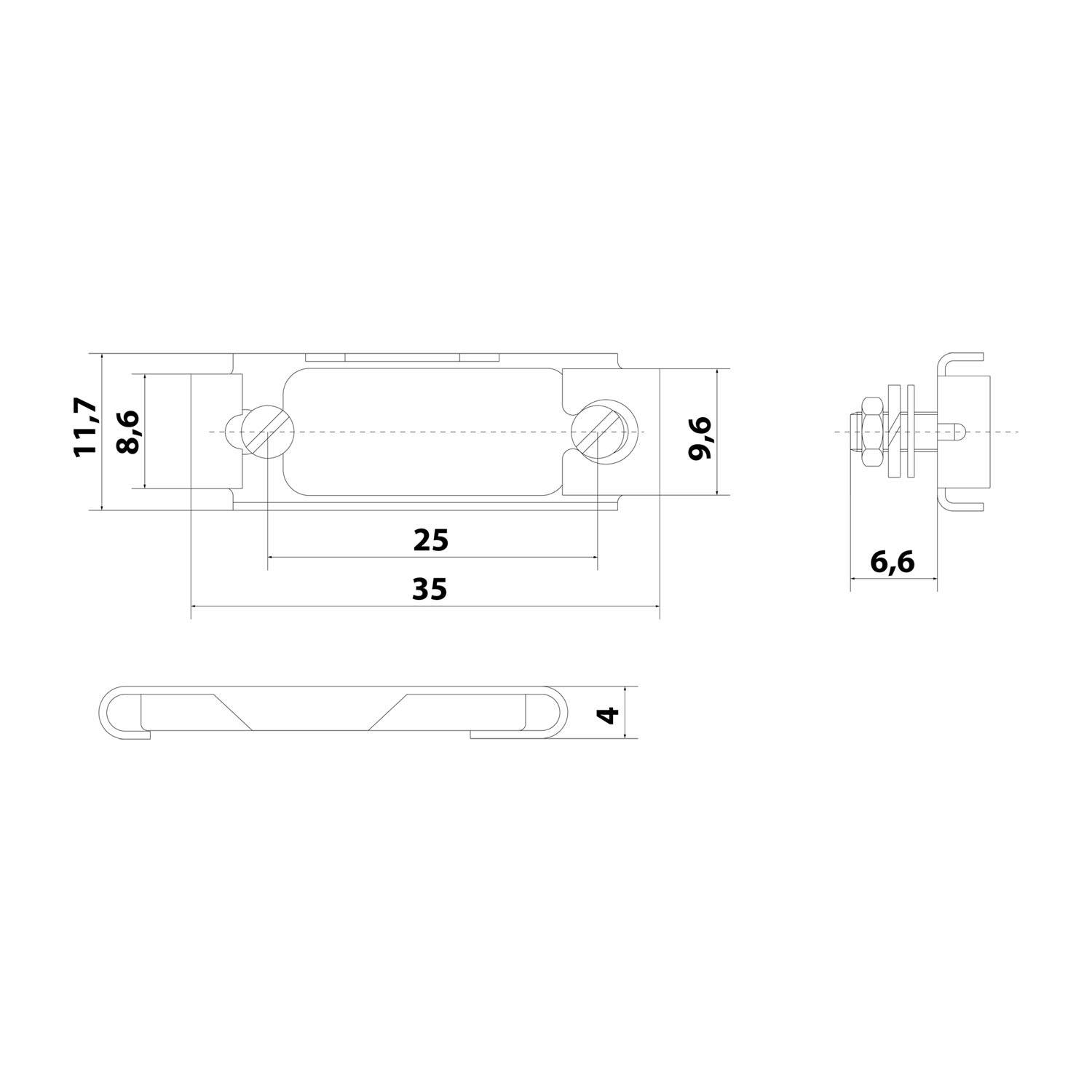 Technische Zeichnung einer rechteckigen Halterung mit Abmessungen: 35 mm Länge, 11,7 mm Breite, 6,6 mm Tiefe und 4 mm Wandstärke.