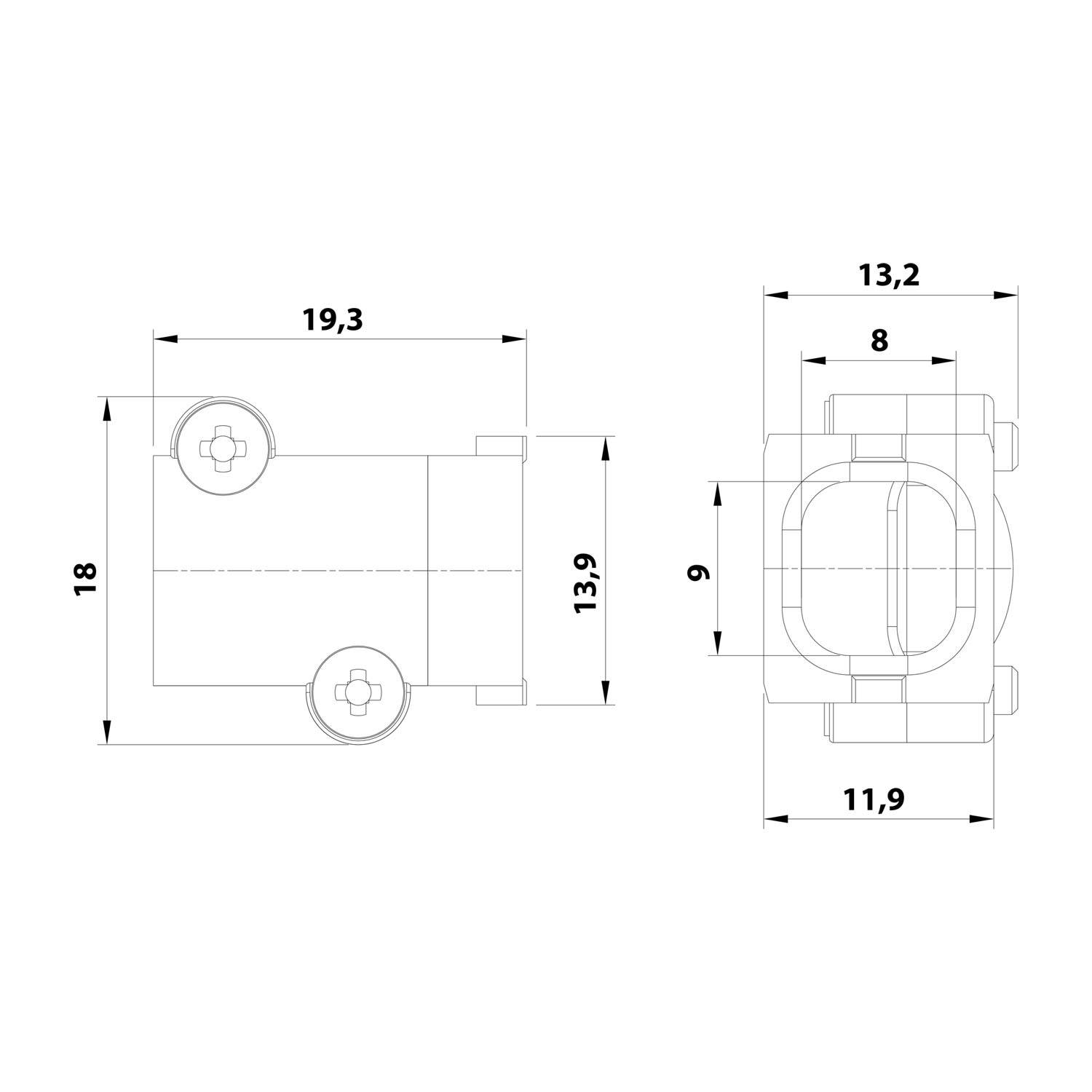 Technische Zeichnung eines mechanischen Teils mit Abmessungen: 19,3 Breite, 18 Höhe und 13,9 Tiefe. Zeigt Draufsicht und Seitenansicht.