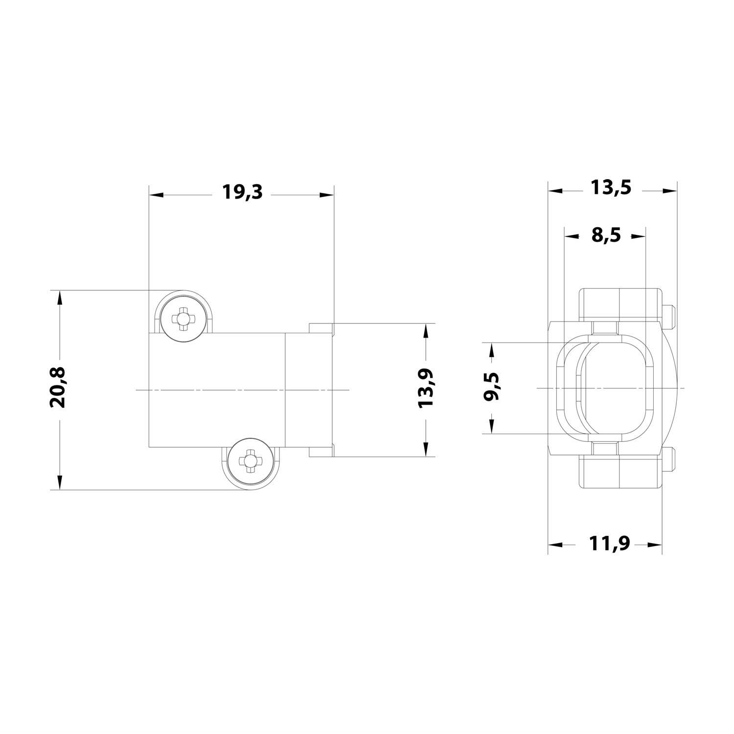 Technische Zeichnung eines mechanischen Bauteils mit Abmessungen in Millimetern: 20,8 Höhe, 19,3 Breite und verschiedene kleine Schnittabmessungen.