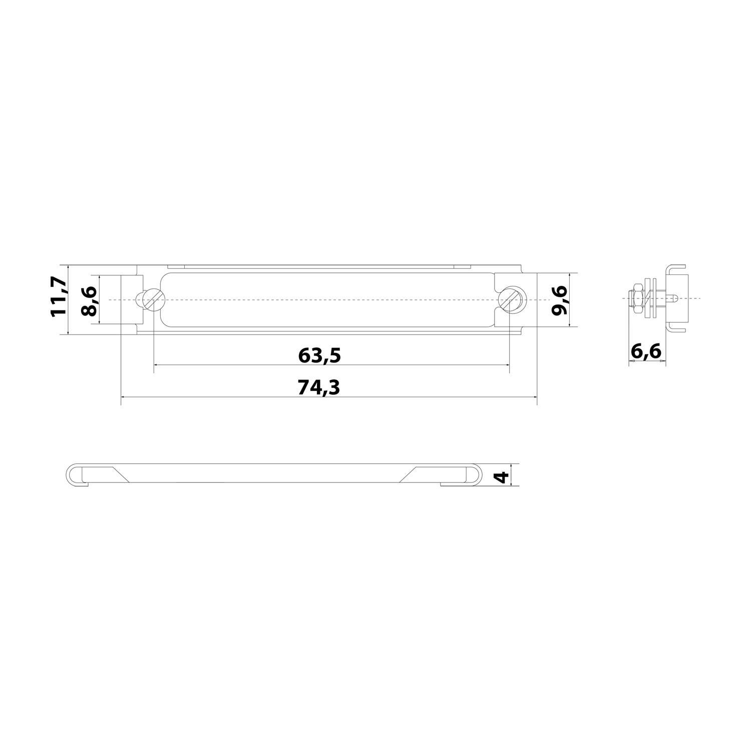 Technische Zeichnung einer zylindrischen Komponente mit Abmessungen: 11,7 mm Höhe, 9,6 mm Breite, 6,6 mm Enddicke, 63,5 mm mittlerer Abschnitt und 74,3 mm Gesamtlänge.