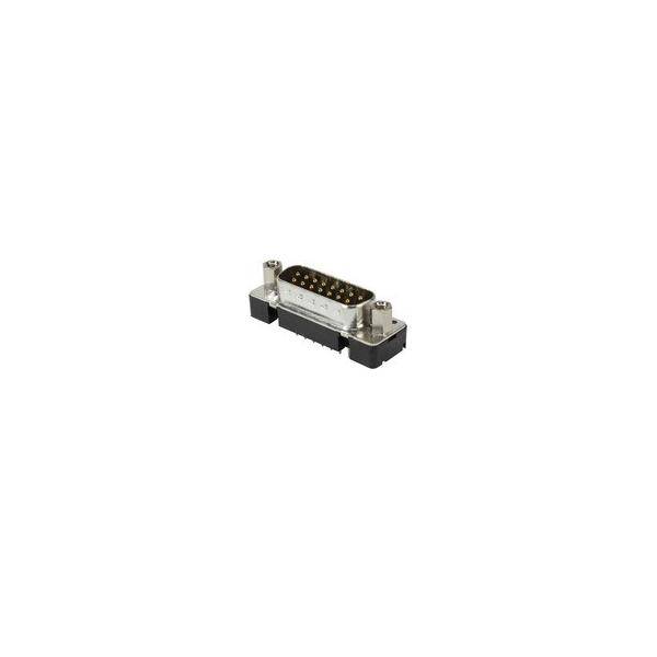 Ein kleiner DB-25-Stecker mit zwei Schraubpfosten auf weißem Hintergrund.