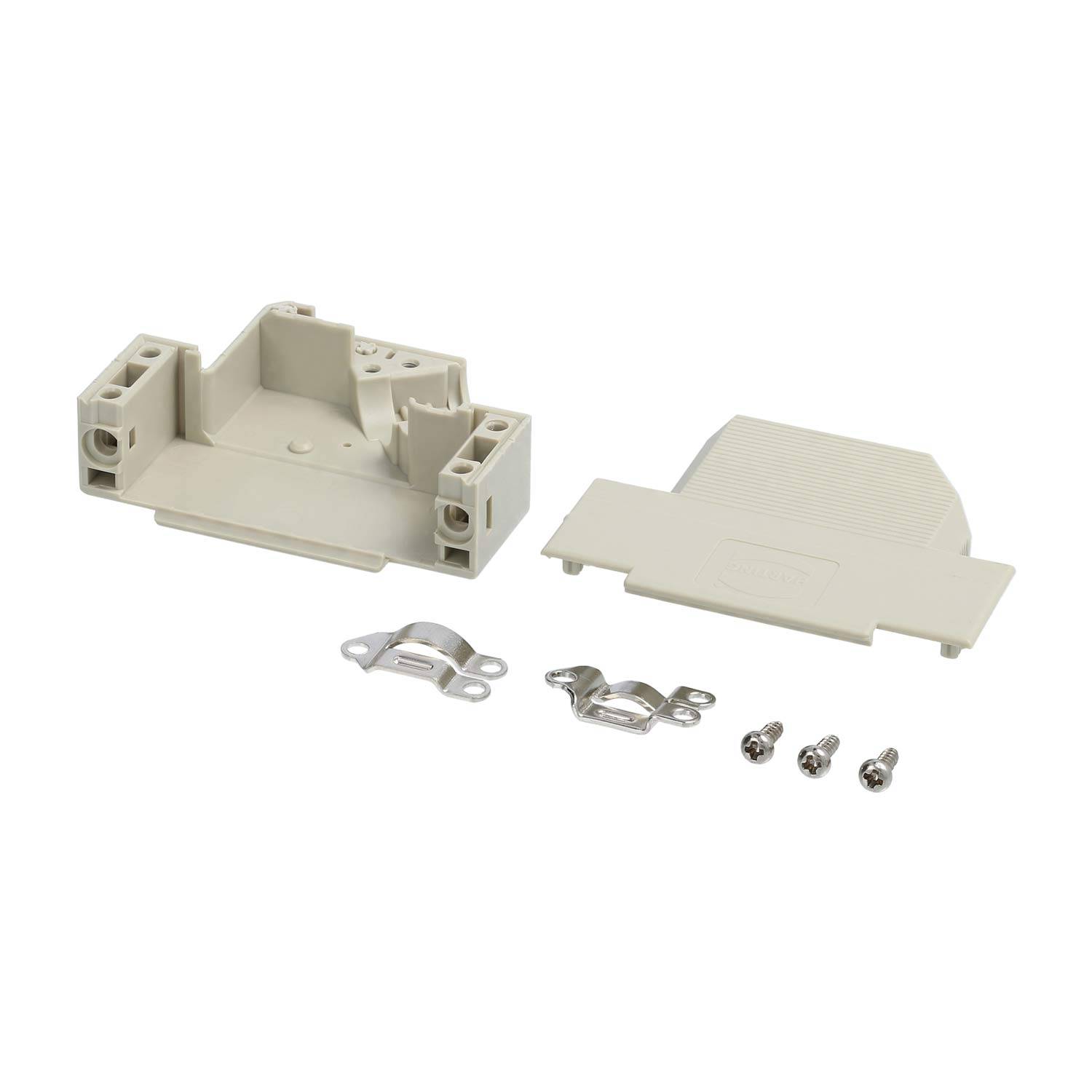 Ein Kunststoff-Elektronikgehäuse-Bausatz mit Basis, Deckel, Schrauben und Metallverbindern, der zur Einhausung elektrischer Komponenten für die Sicherheit verwendet wird.