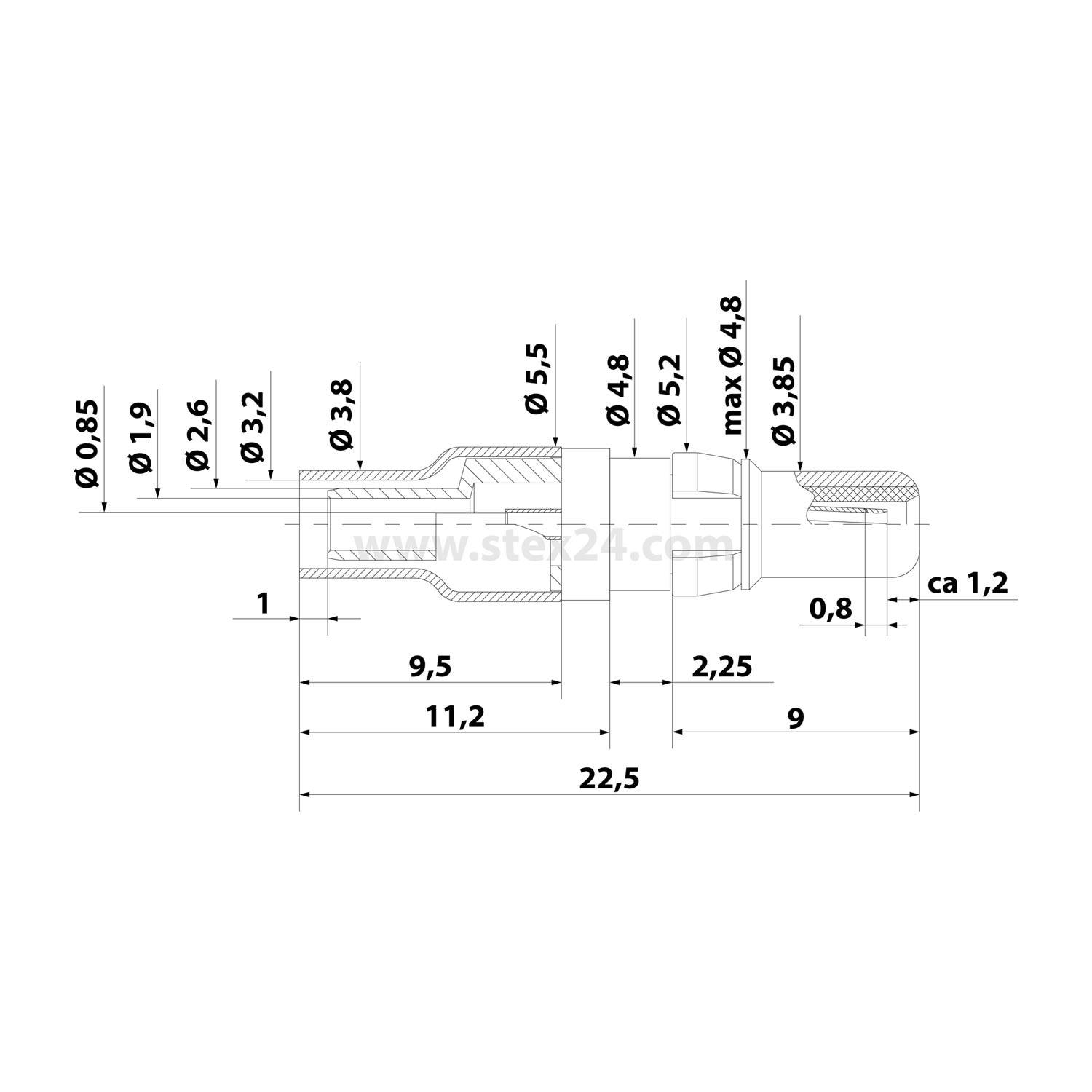 Technische Zeichnung eines zylindrischen Objekts mit verschiedenen Durchmessermessungen: Hauptdurchmesser 9,5, Längen 11,2 und 22,5, mit kleineren Durchmessern entlang der Struktur.