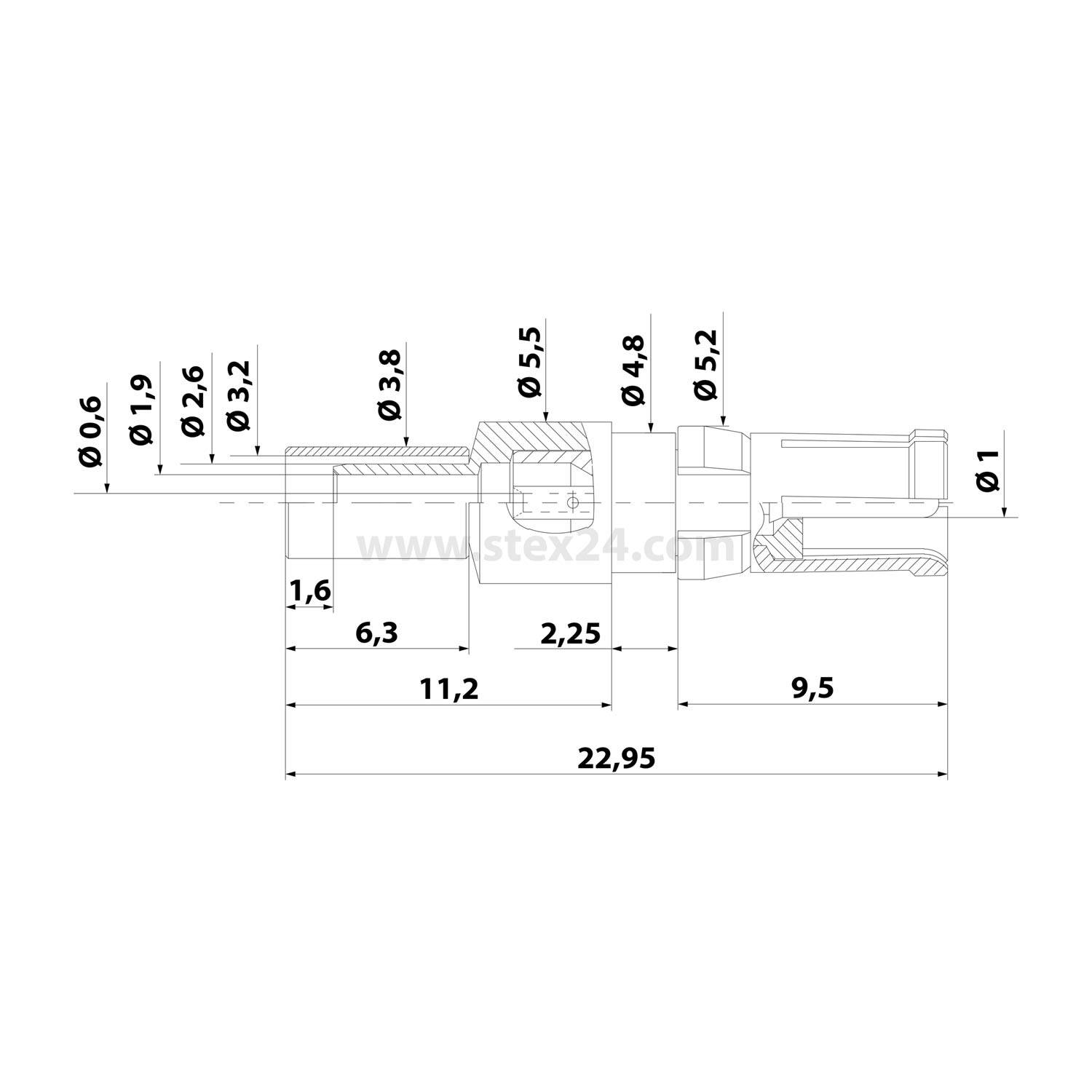 Technische Zeichnung einer Komponente mit verschiedenen Durchmessern und Längen, gekennzeichnet durch Maßangaben wie 'ø1', '22,95' und andere.