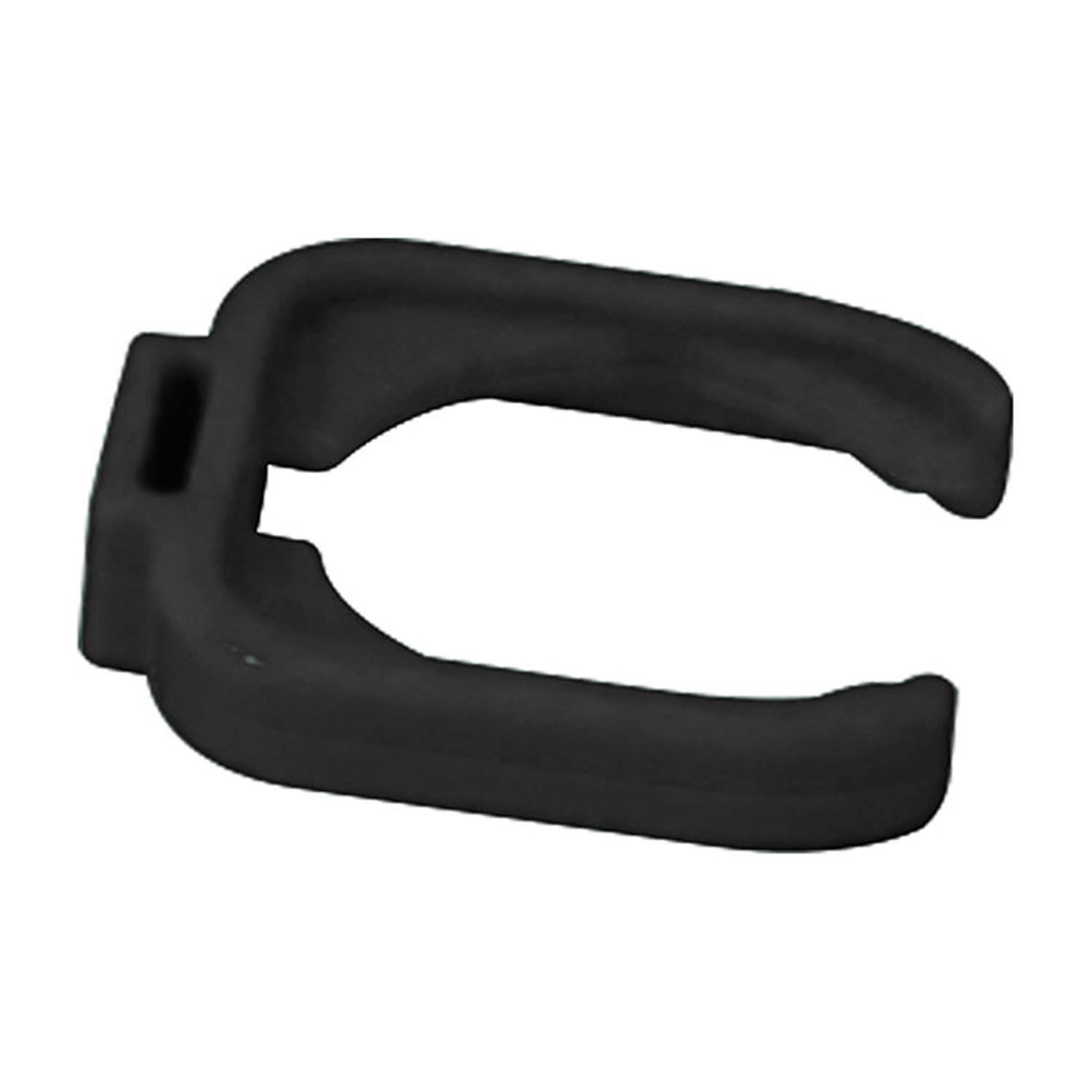 Ein schwarzer U-förmiger Clip mit flachen Seiten und einer Öffnung in der Mitte.