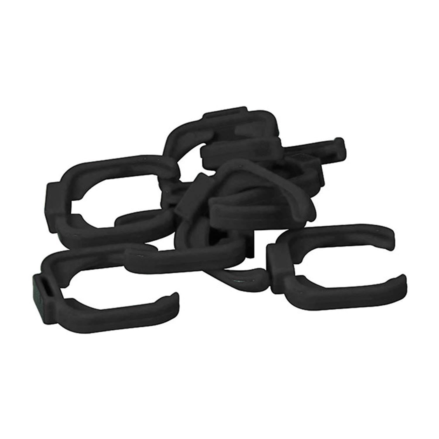 Ein Haufen schwarzer Kunststoff-Schnappverschlüsse, die dazu konzipiert sind, Komponenten zu sichern oder Teile zusammenzuhalten, vor einem schlichten weißen Hintergrund.