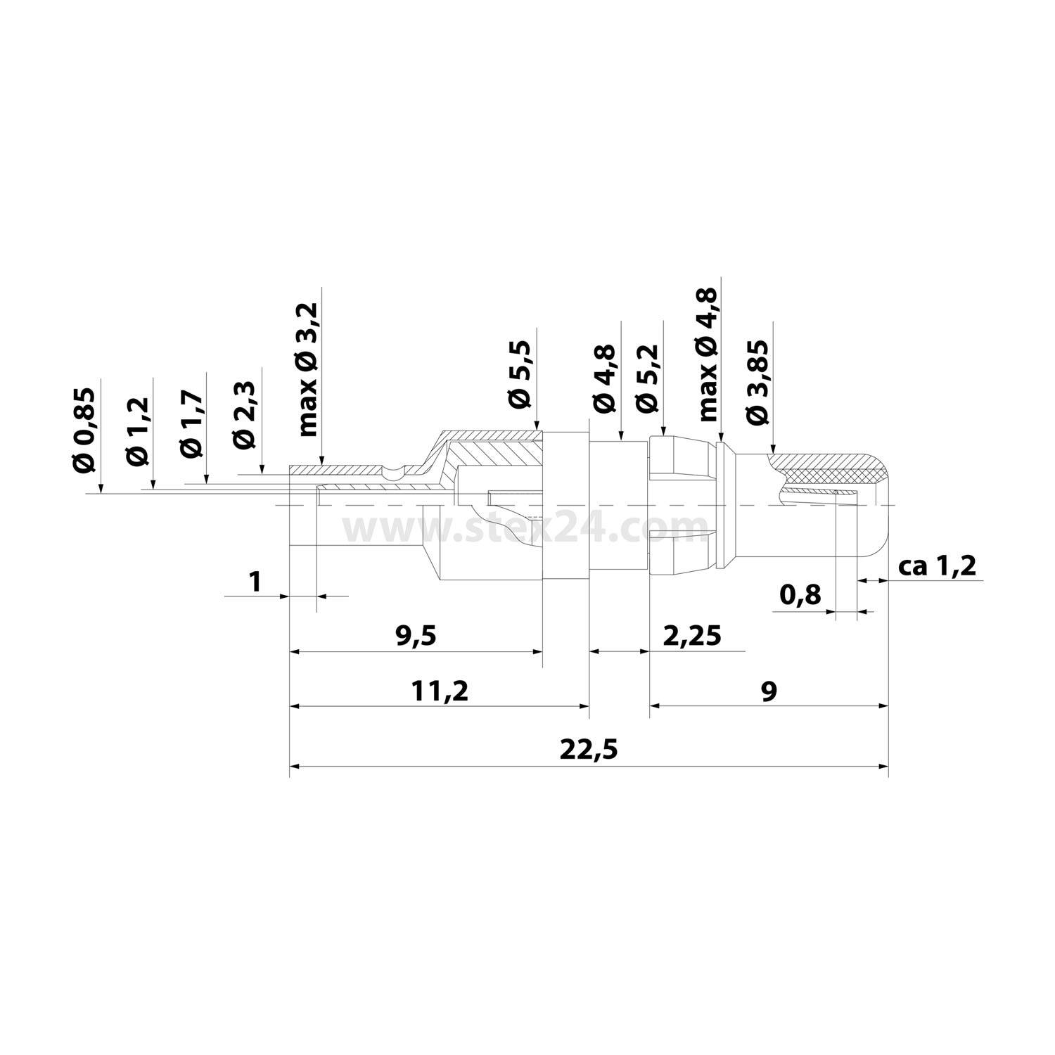 Eine technische Zeichnung eines mechanischen Bauteils mit detaillierten Maßangaben, die verschiedene Durchmesser und Längen zeigt, die für die Herstellung wesentlich sind.