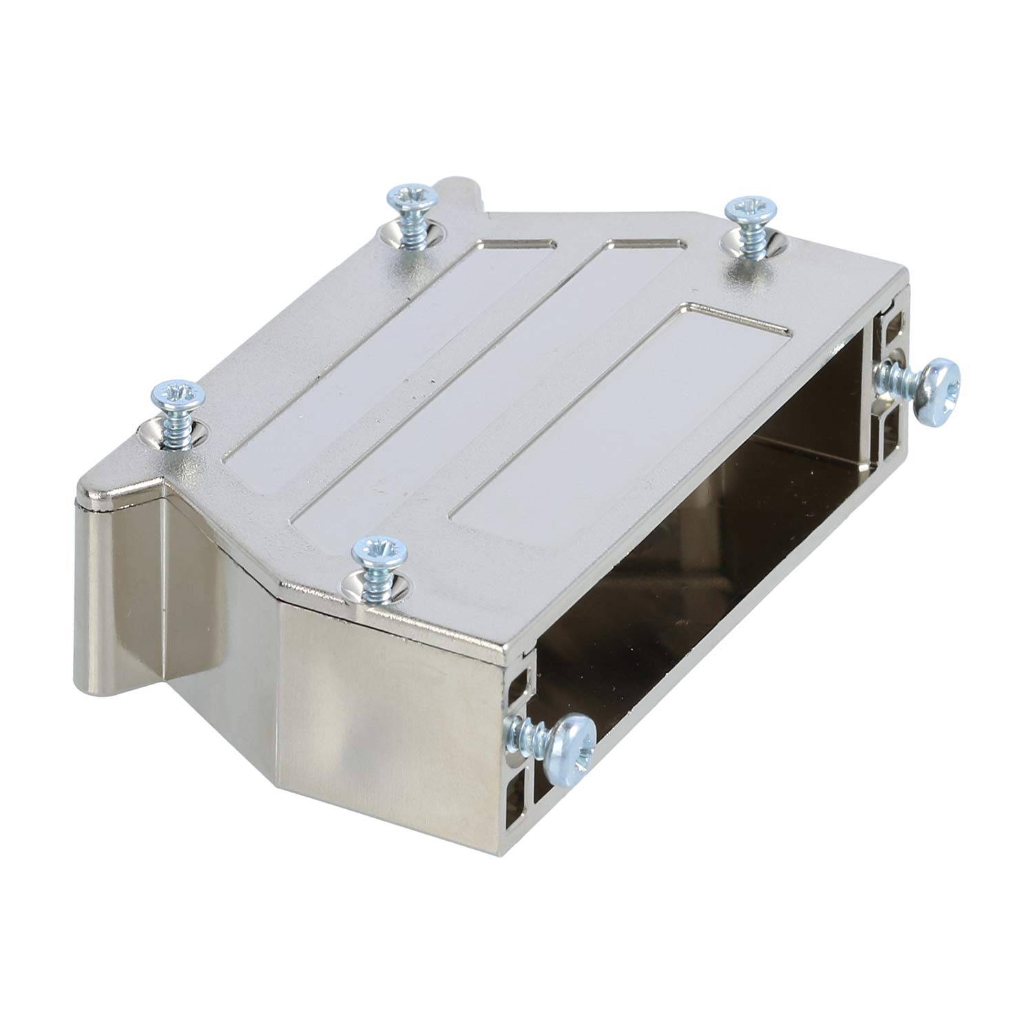 Ein rechteckiger Metallventilationsrohrverbinder mit mehreren Schraubenbefestigungen, ausgestattet mit Seiten- und Oberpaneelen für eine sichere Installation.
