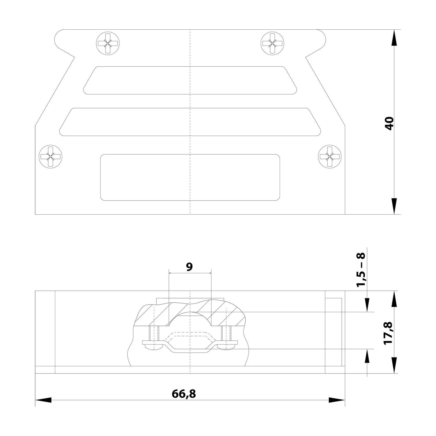 Technische Zeichnung eines Halters mit Abmessungen: Breite 66,8 mm, Höhe 40 mm und seitliche Dicke 1,5-8 mm. Enthält Löcher und Schlitze zur Befestigung.