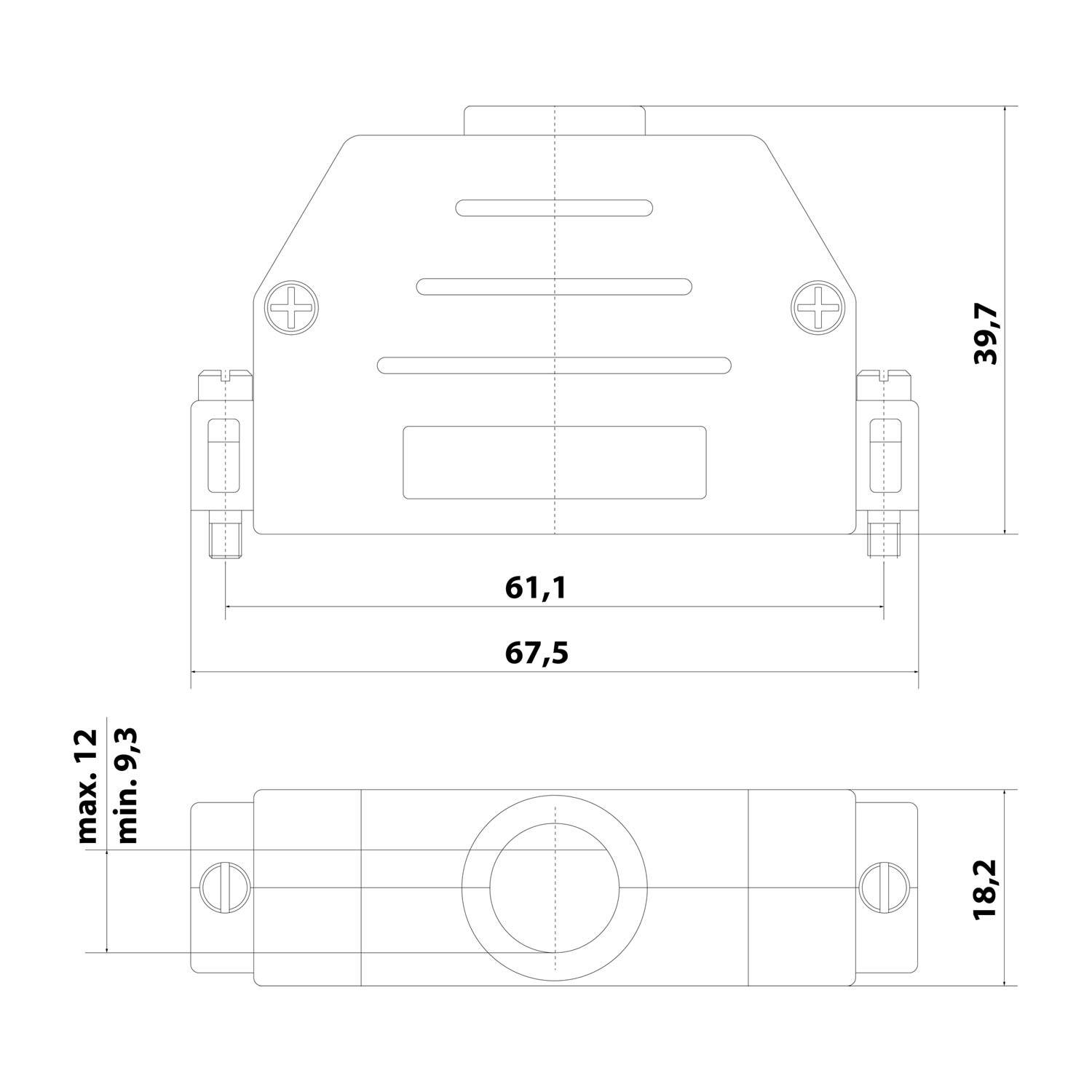 Technische Zeichnung eines Verbindungsstücks mit zwei Ansichten, von oben und der Seite. Abmessungen: 67,5 mm Breite, 39,7 mm Höhe, 18,2 mm Tiefe, 9,3-12 mm variable Höhe.