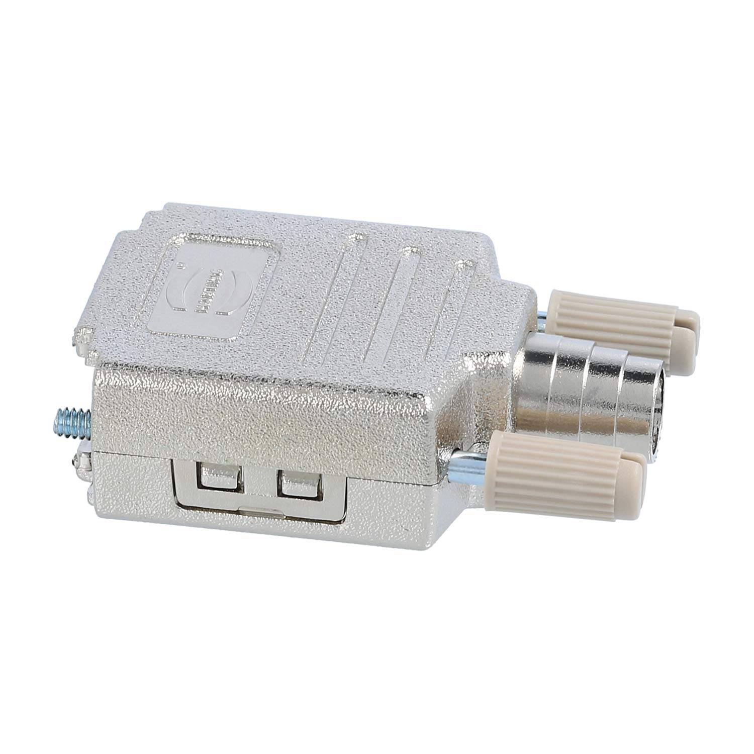 Ein silberner VGA-Anschluss mit zwei beigen Schrauben, der zum Anschließen eines Computers an einen Monitor oder Projektor verwendet wird.