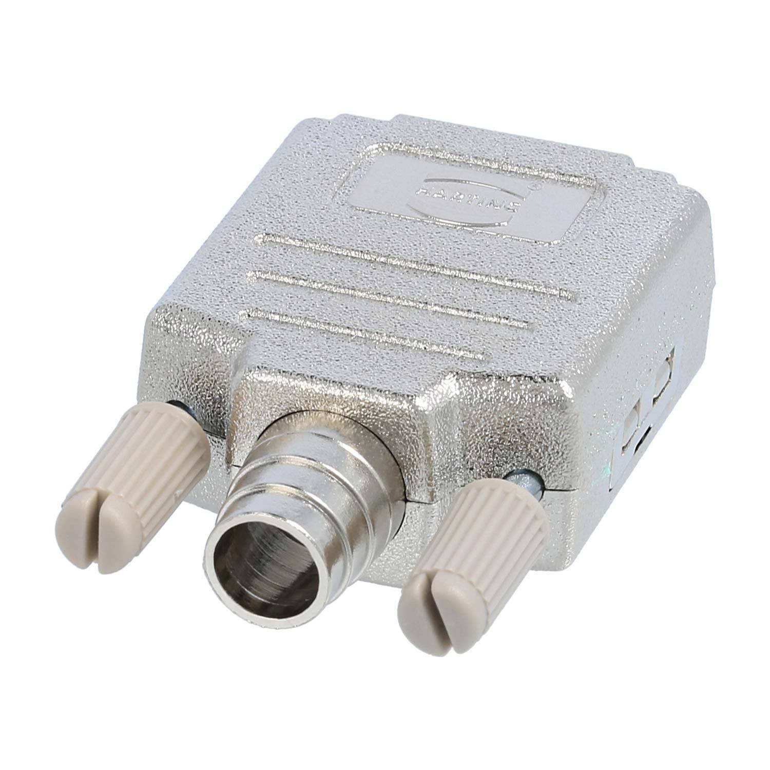 Ein silberner Metall-VGA-Anschluss mit zwei beigen Schrauben an jeder Seite, der zum Anschluss eines Monitors an einen Computer verwendet wird.