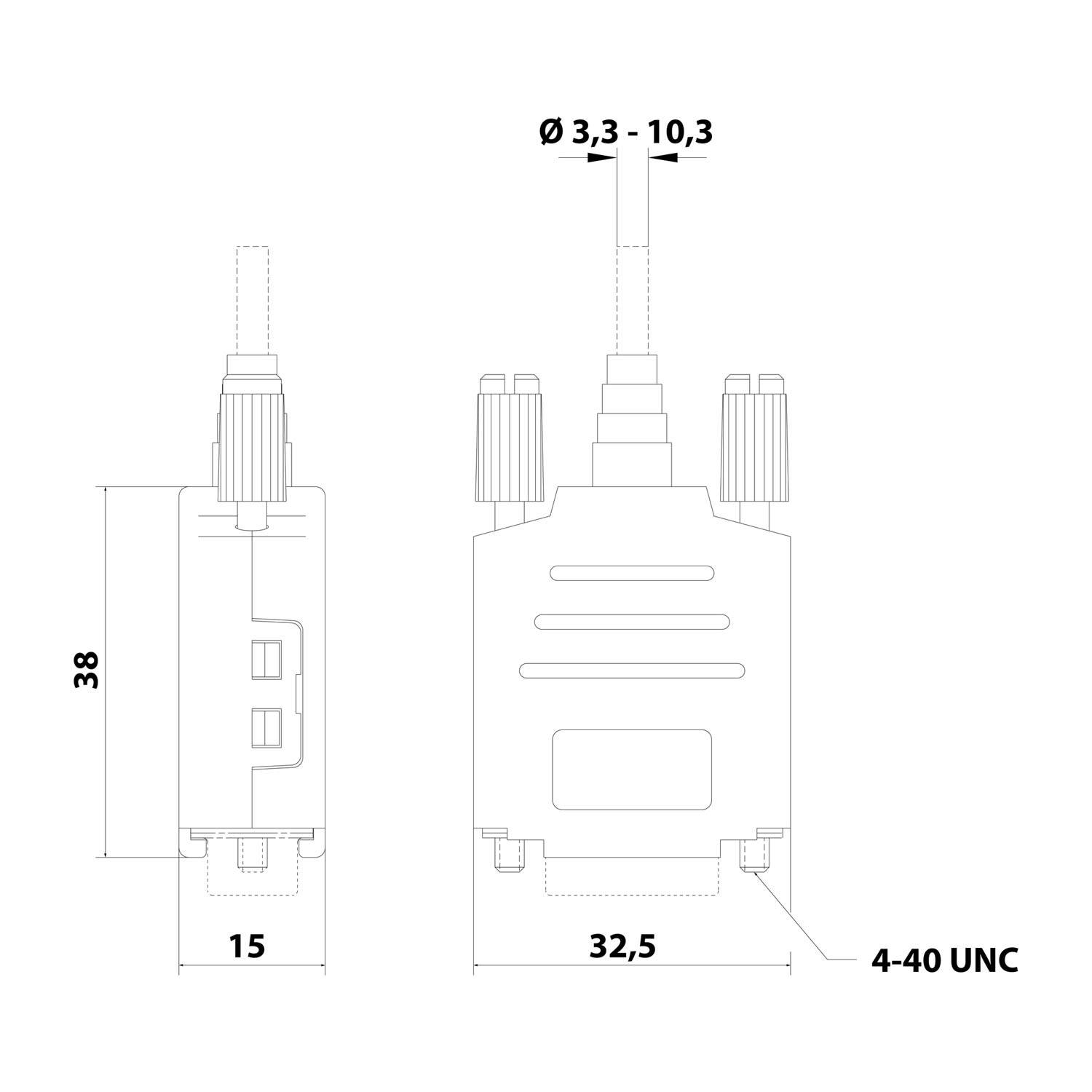 Diagramm einer mechanischen Komponente mit beschrifteten Abmessungen: Höhe 38 mm, Breite 15 mm, Tiefe 32,5 mm. Merkmale mit Löchern gekennzeichnet als 'Ø 3,3 - 10,3' und '4-40 UNC'.