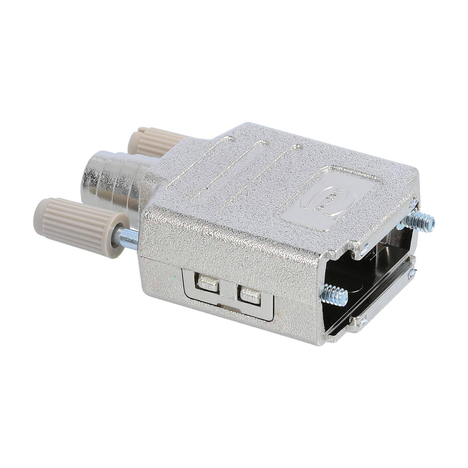 Ein metallisches VGA-Anschlussgehäuse mit zwei Schraubanschlüssen und ohne angeschlossenes Kabel, verwendet zum Befestigen eines VGA-Kabels an Anzeigegeräten.