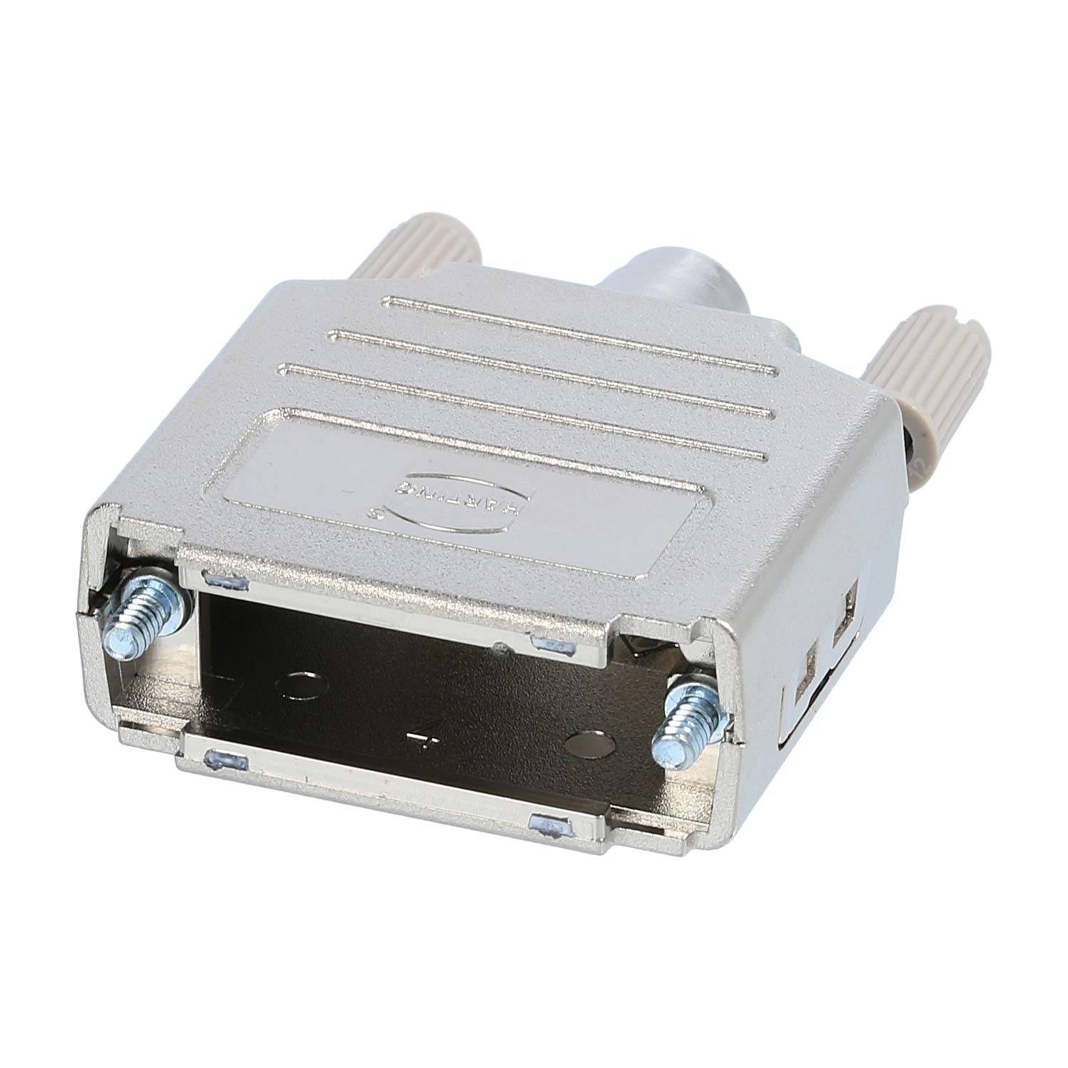 Ein silberner Metallverbindungsgehäuse mit rechteckiger Form, zwei Schrauben an jeder Seite und einer zylindrischen Öffnung für Kabelanschluss oben.