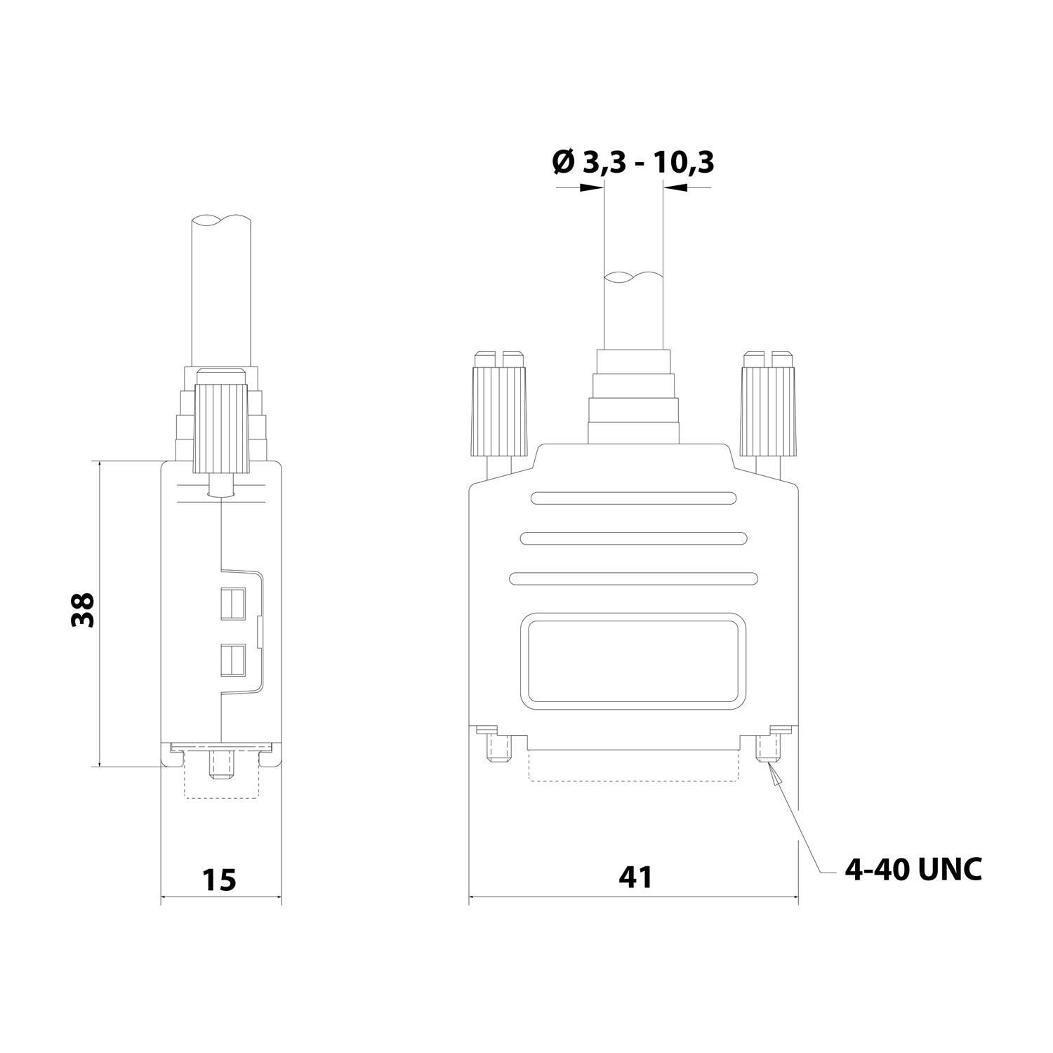 Technische Zeichnung eines elektronischen Steckverbinders mit Abmessungen: Höhe 38 mm, Breite 41 mm und Tiefe 15 mm. Anschlussduchmesser: 3,3 - 10,3 mm.