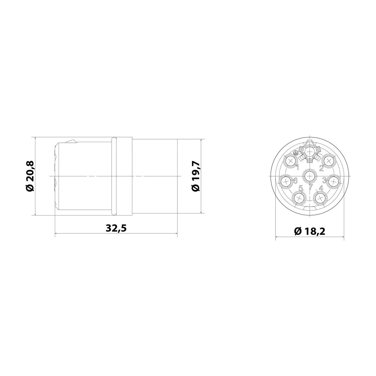 Technische Zeichnung einer zylindrischen Komponente mit Abmessungen: Länge 32,5, Durchmesser 20,8 und 19,7 sowie ein Frontansicht-Durchmesser von 18,2.