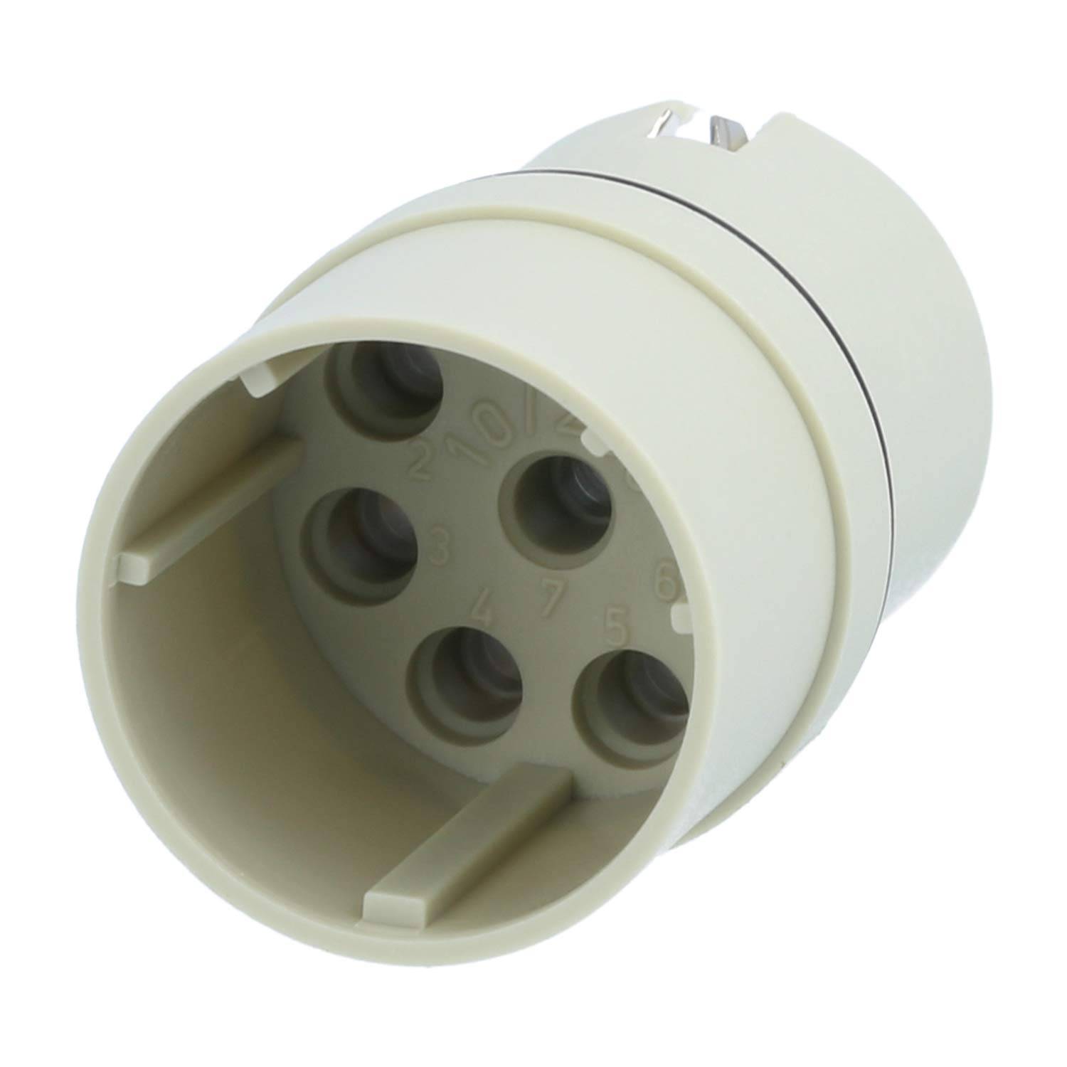 Ein 7-poliger Anhängerstecker in einem hellen Beige, der Steckverbinder und eine kreisförmige Form zeigt, typisch für elektrische Systeme in Fahrzeugen.