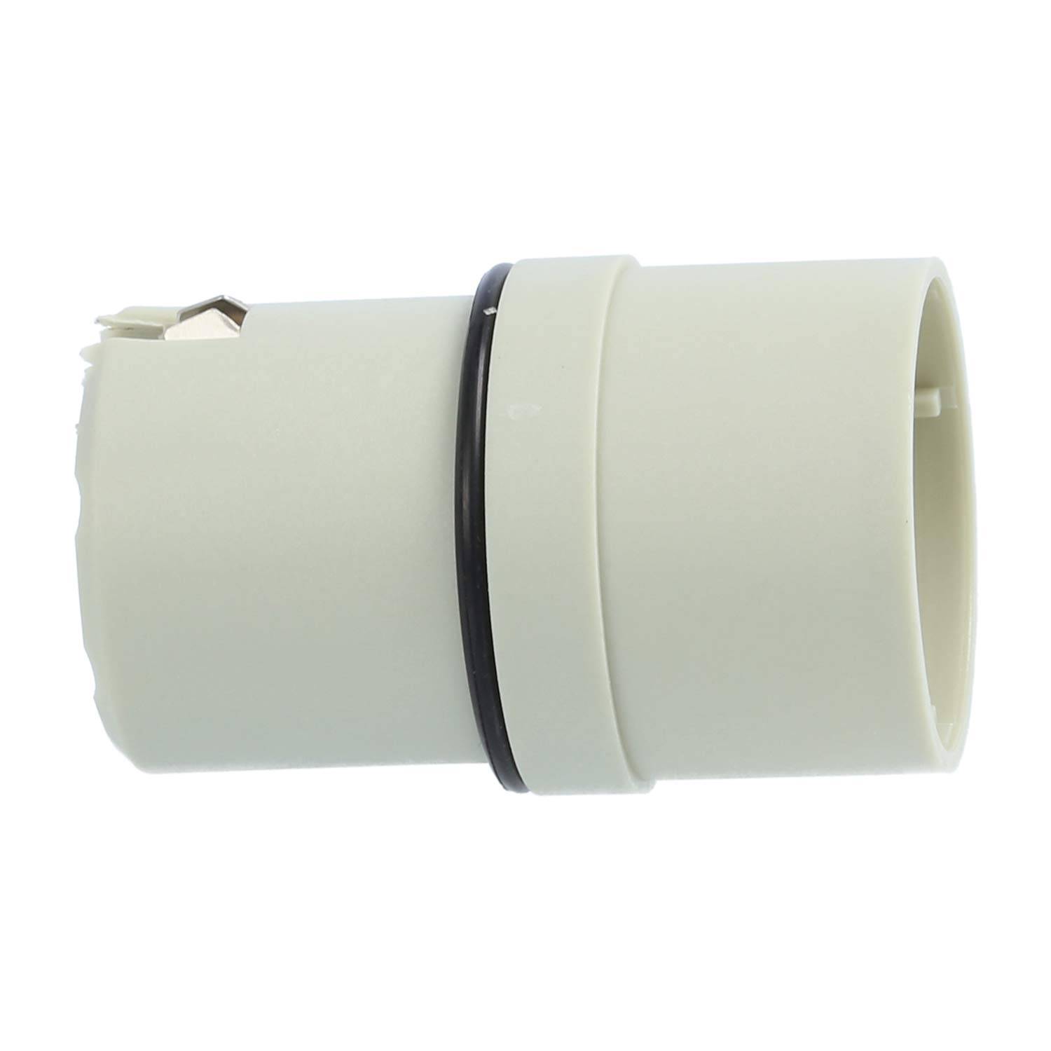 Weißer zylindrischer Stecker mit schwarzem Ring, Metallstifte an einem Ende, wahrscheinlich für Sanitär- oder elektrische Anschlüsse verwendet.