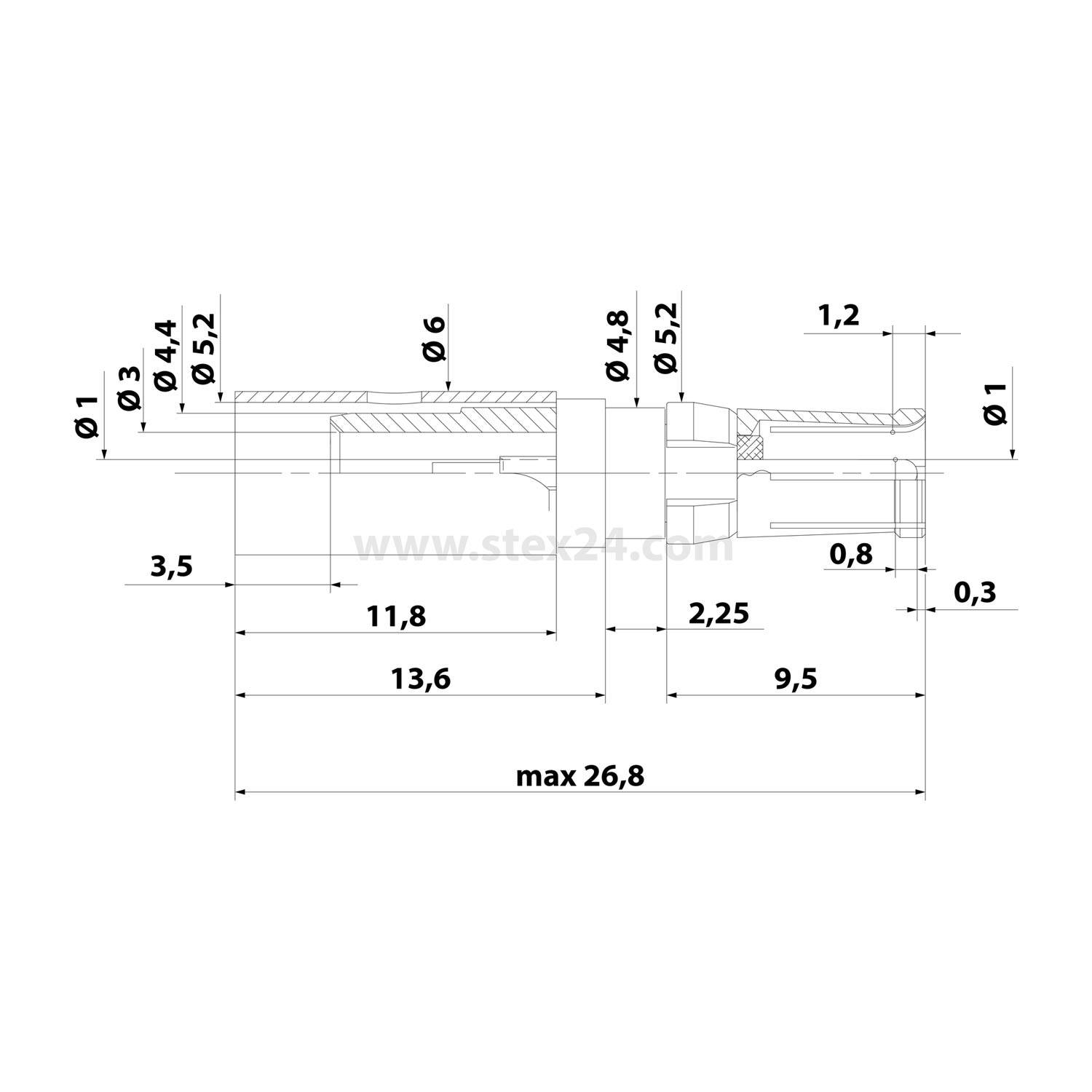 Technische Zeichnung einer zylindrischen Komponente mit beschrifteten Abmessungen. Maximale Länge: 26,8 mm; verschiedene Durchmesser und Längen vermerkt.