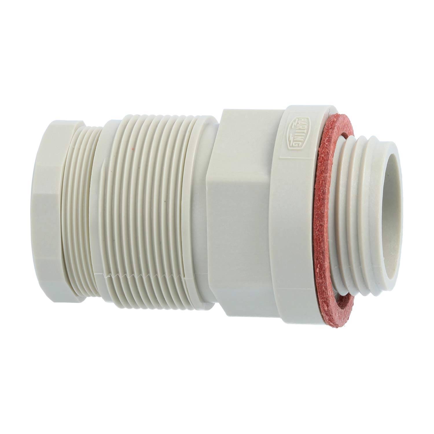 Eine weiße Kunststoff-Rohrverschraubung mit Gewinde und einem roten Gummidichtungsring, die zum sicheren Verbinden von Rohrleitungen verwendet wird.